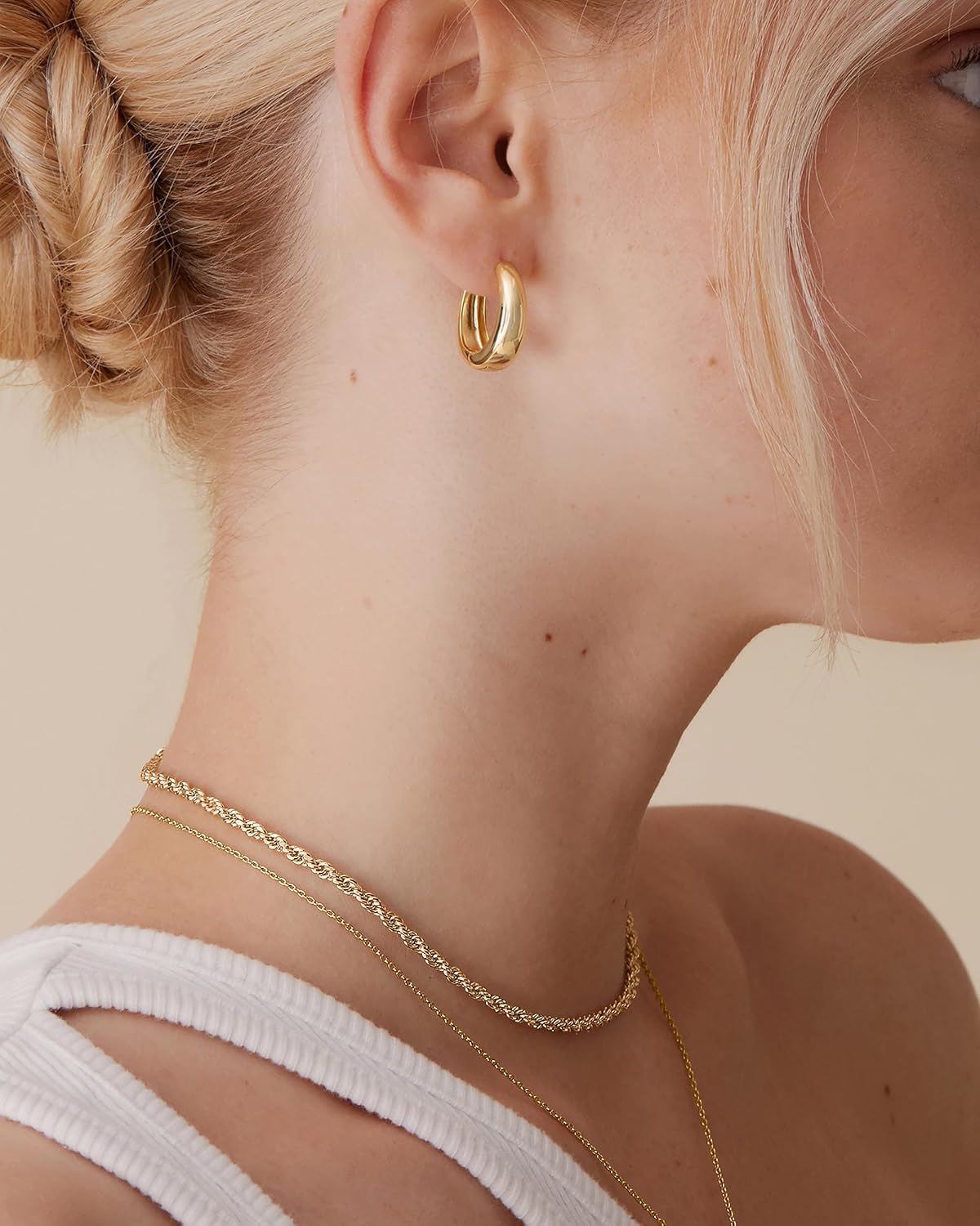 14K Gold Plated Sterling Silver Post Small Chunky Hoops Earrings | Thick Lightweight Gold Hoop Earrings for Women