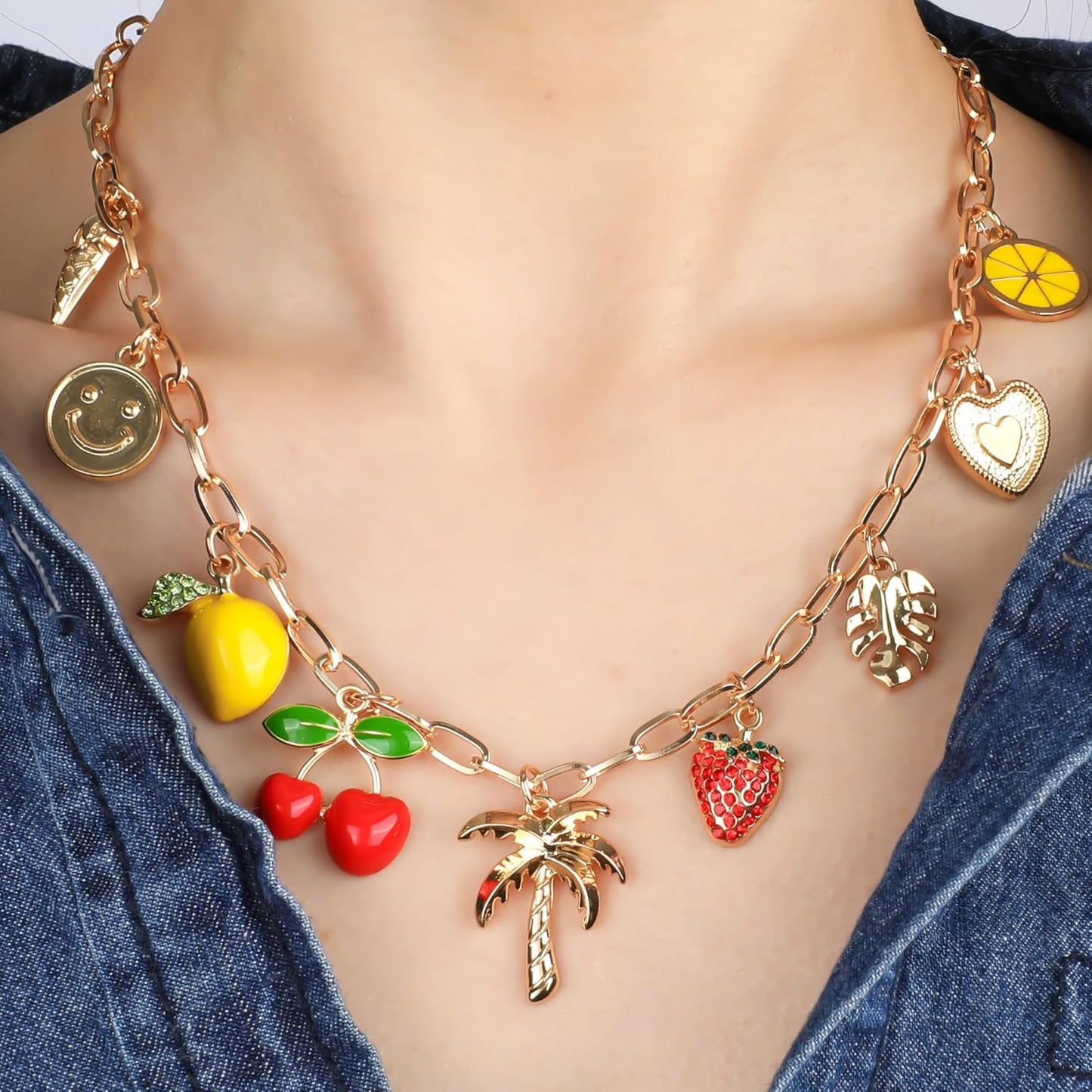 Gold Charm Necklace for Women Hawaii Style Necklace with Cute Dangle Coconut Tree Cherry Lemon Mango Strawberry Heart Fruit Bow Pendant Y2K Summer