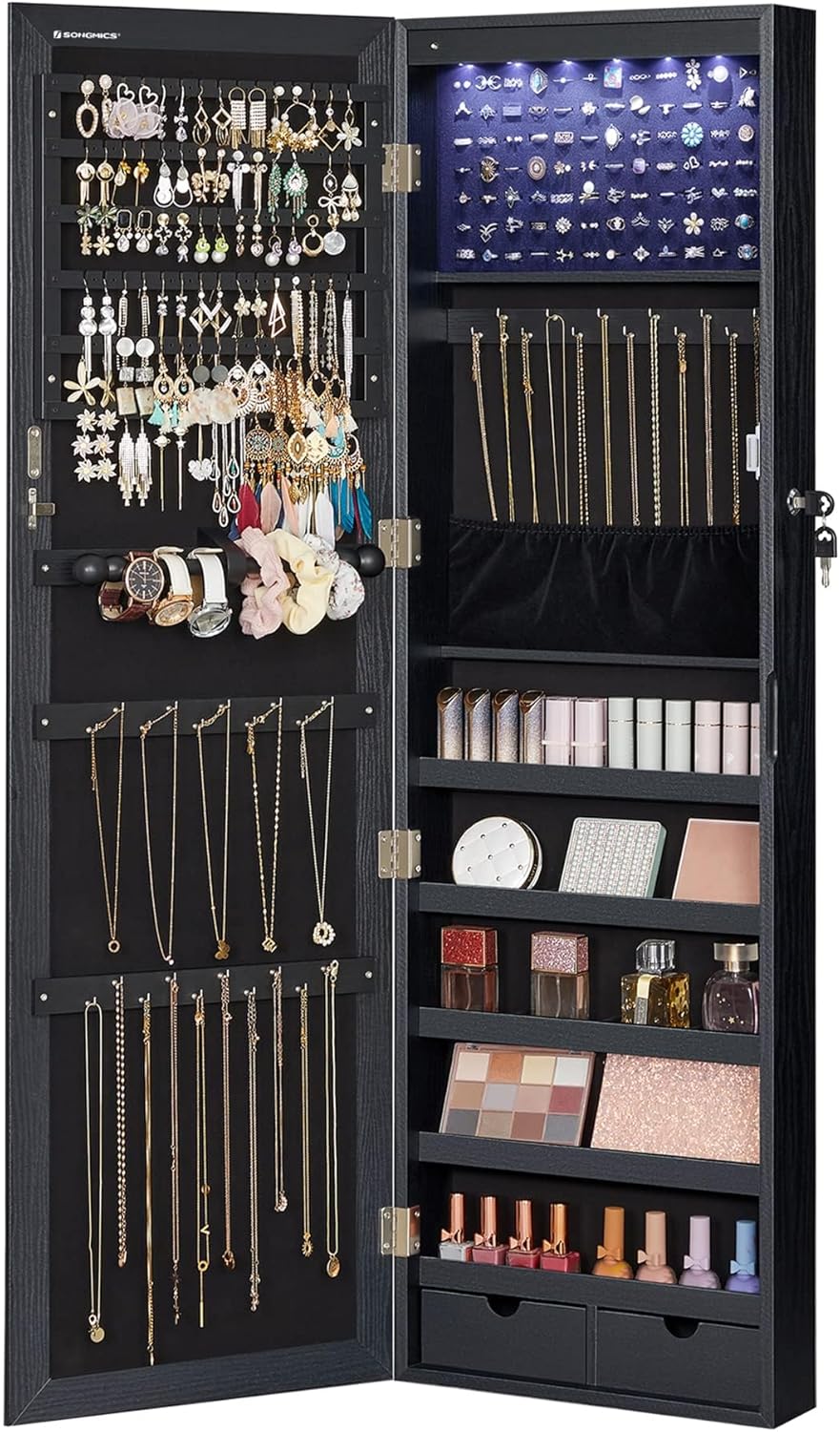 6 LEDs Mirror Jewelry Cabinet, Tall Lockable Wall or Door Mounted Jewelry Armoire Organizer