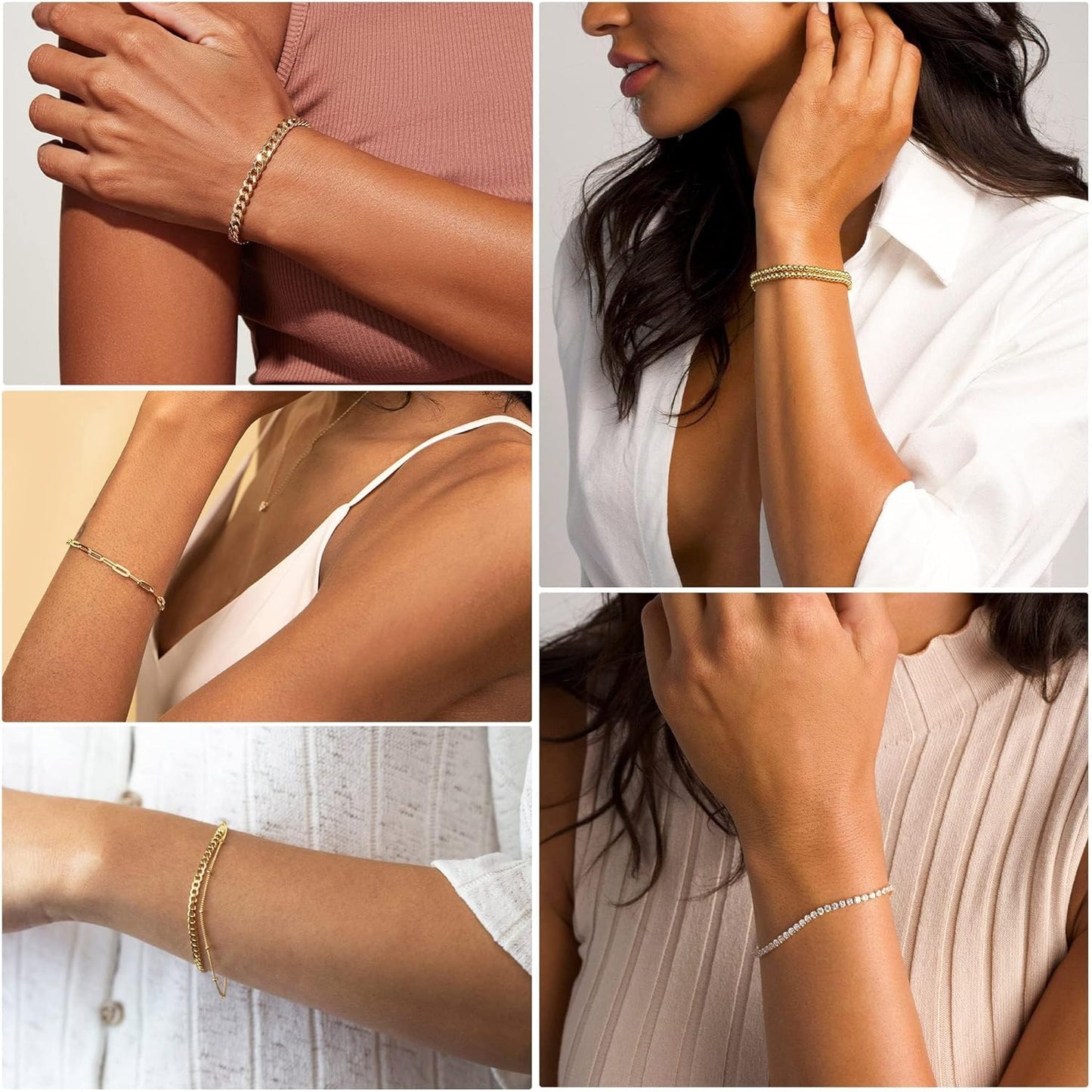 Gold Bracelets - Real 14K Women's Cute Tennis Cubic Beaded Link Paperclip Dainty Bracelet Pack