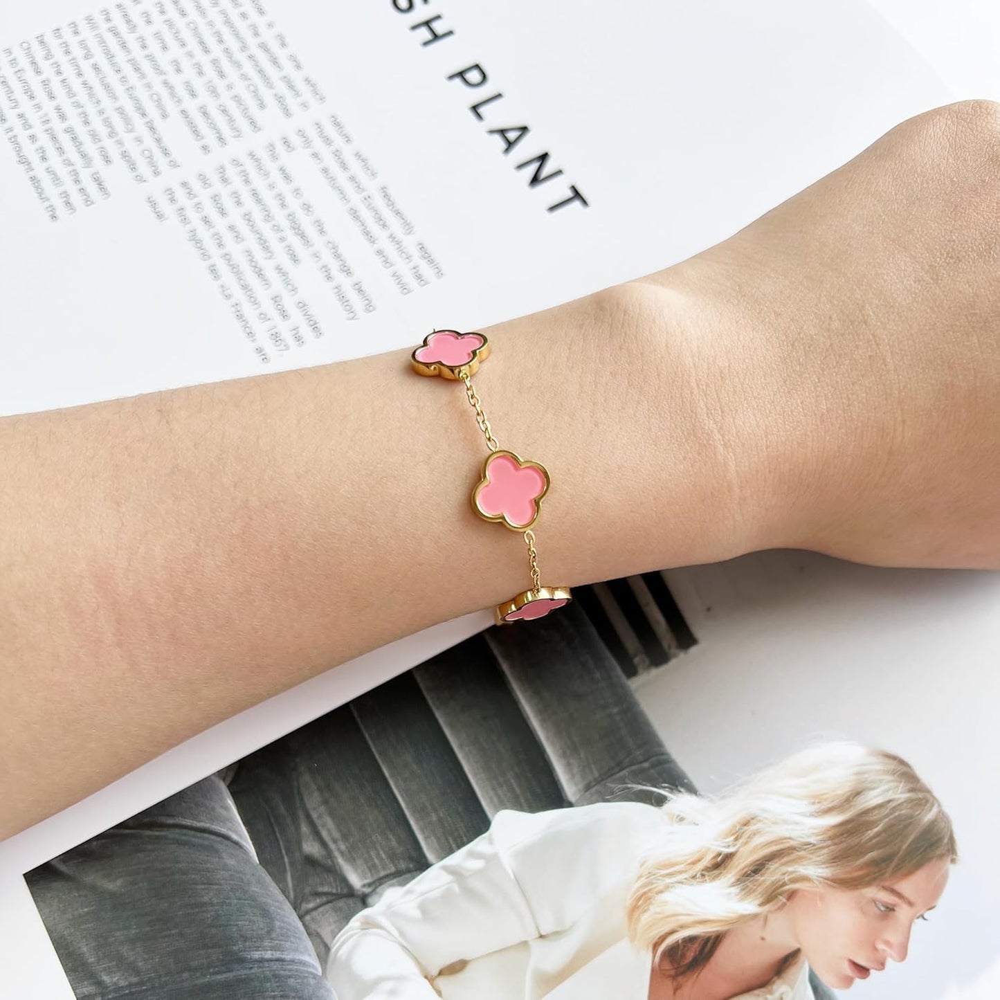 18K Gold Plated Clover Lucky Bracelet for Women White/Black/Red/Green Flower Four Leaf Link Bracelets