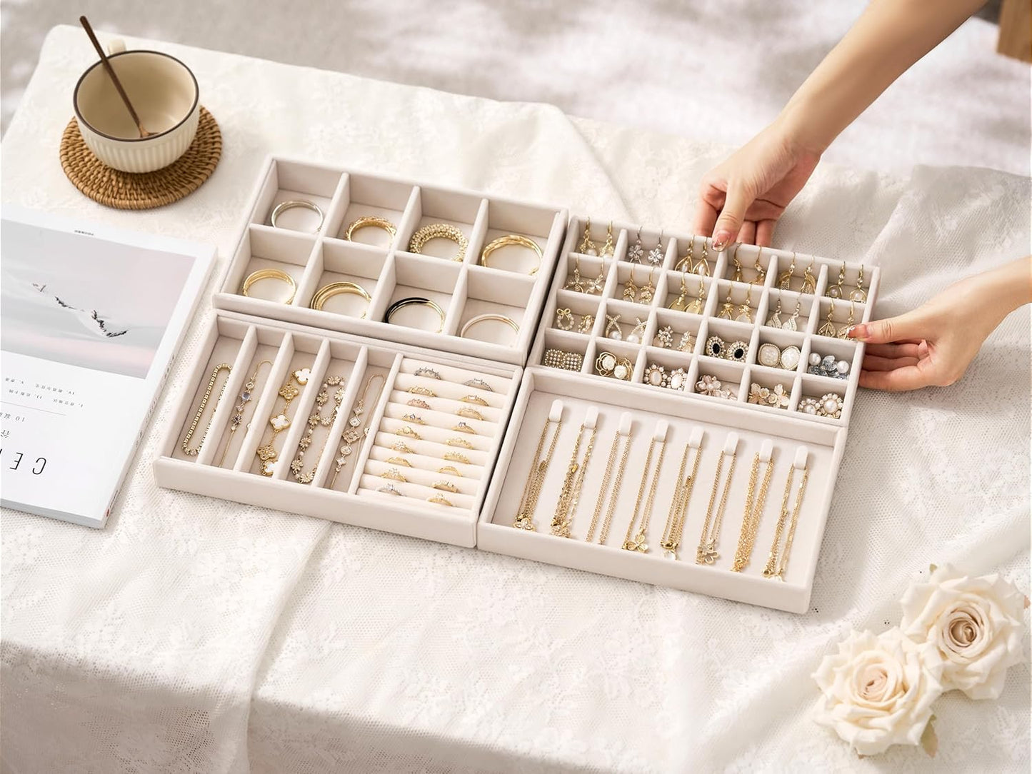 Stackable 4-Layer Jewelry Tray Set for Earrings, Rings, Necklaces, Bracelets with Removable Dividers for Dresser & Vanity