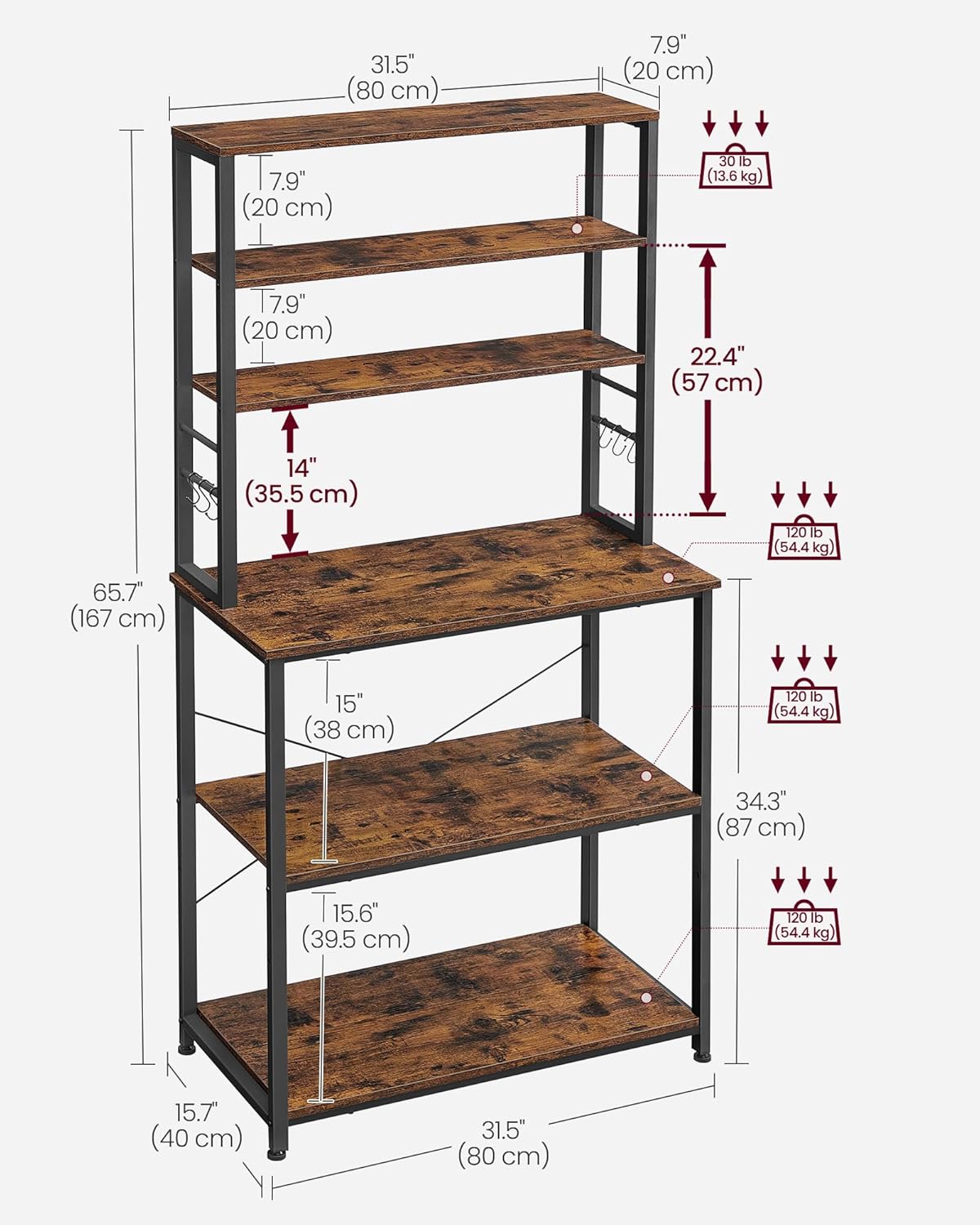 Coffee Bar, 31.5 Inches Baker's Rack for Kitchen with Storage, 6-Tier Kitchen Shelves with 6 Hooks, Microwave Stand