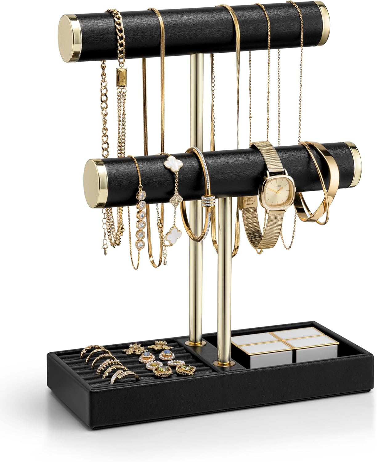 2 Tier Bracelet Holder Organizer with Tray - Leather Jewelry Stand Organizer for Women - Jewelry Holder Display