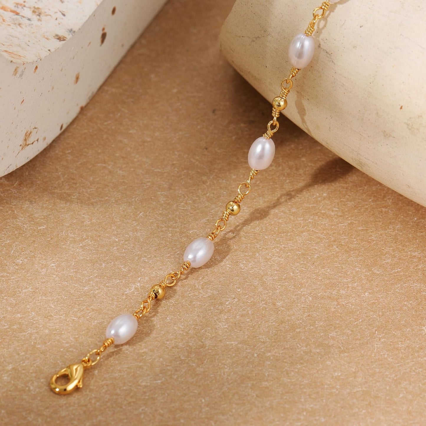 Gold Bracelets for Women Trendy, 14K Real Gold Plated Dainty Stackable Pearl Snake Chain CZ Heart Pendant Bracelets Adjustable 6"+2"