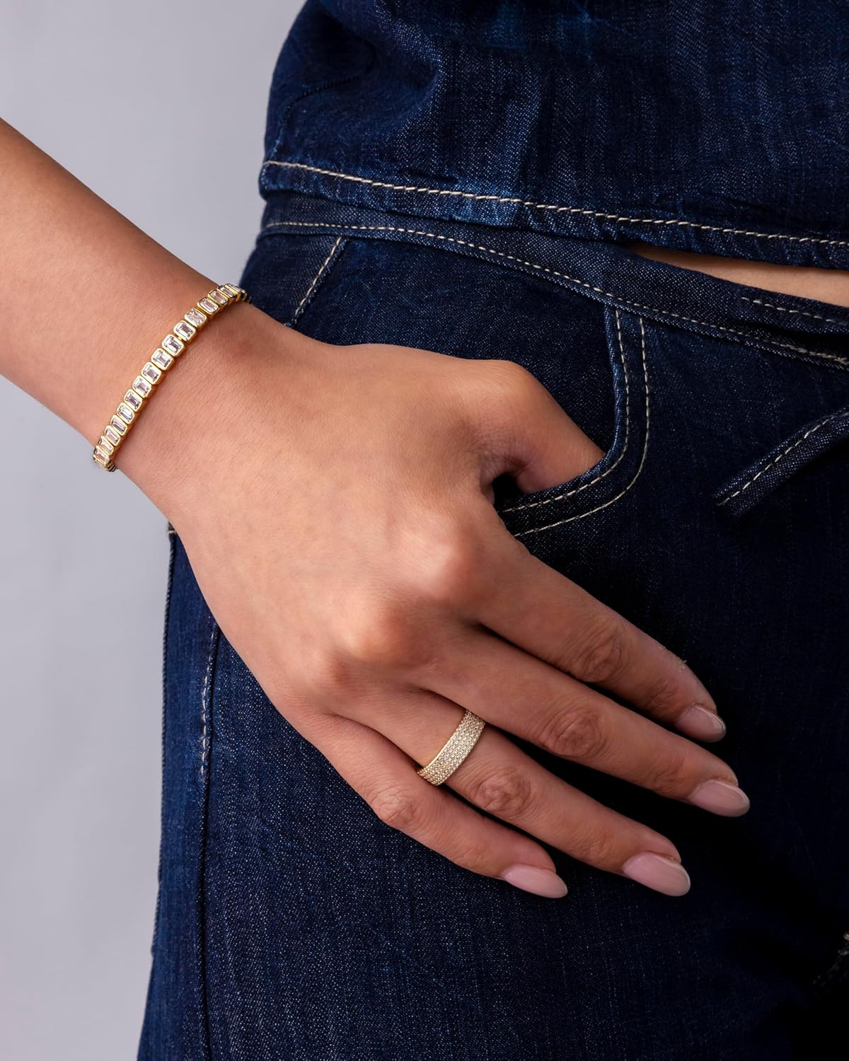14K-18K Gold Plated Simulated Diamonds Bezel Set Tennis  -  Round Pear Heart Statement Bride Gold Bracelet Stack - Sizes 6.5-7.5 Inch