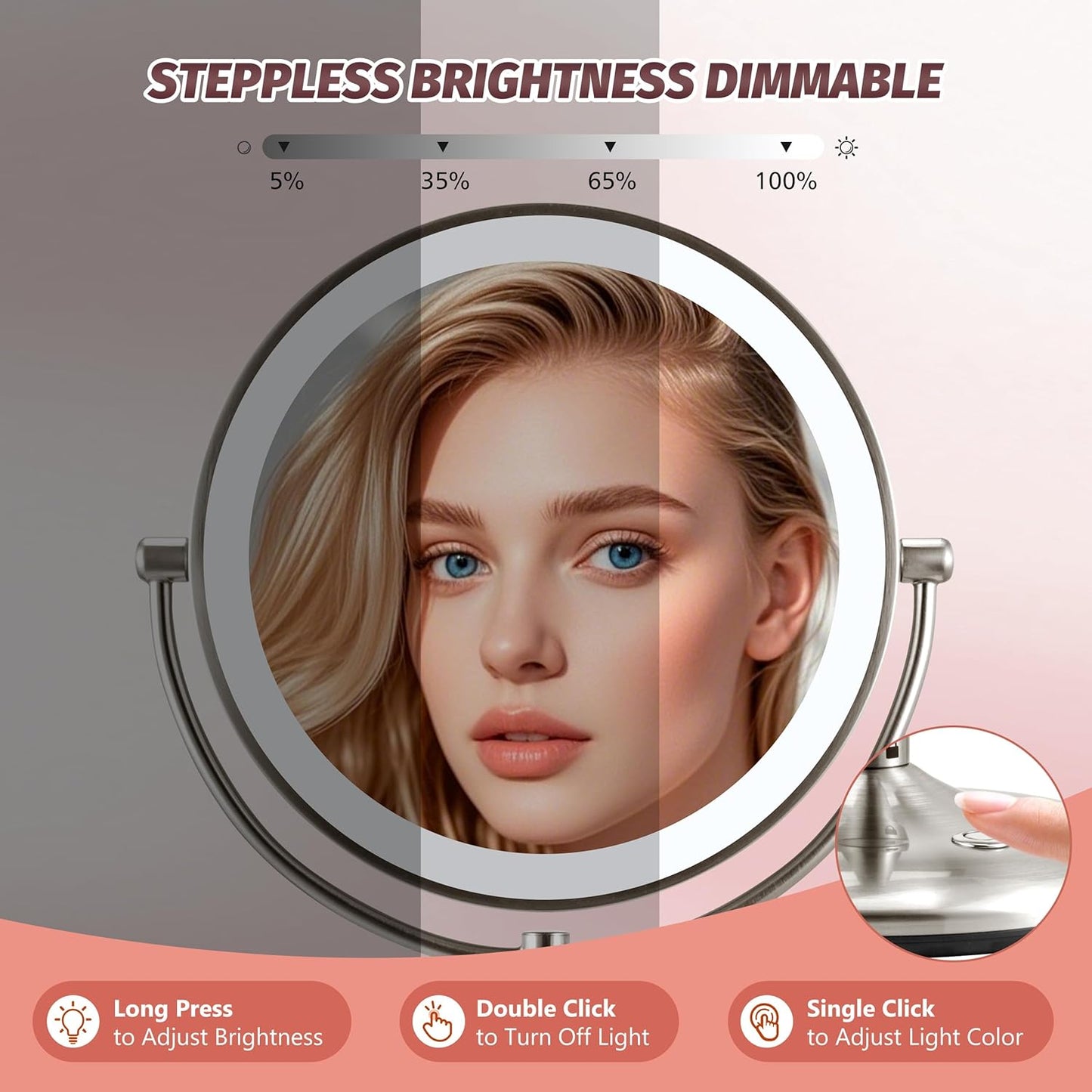 9" Lighted Makeup Mirror, 1X/20X Rechargeable Magnifying Mirror with 3 Color Dimmable Lights