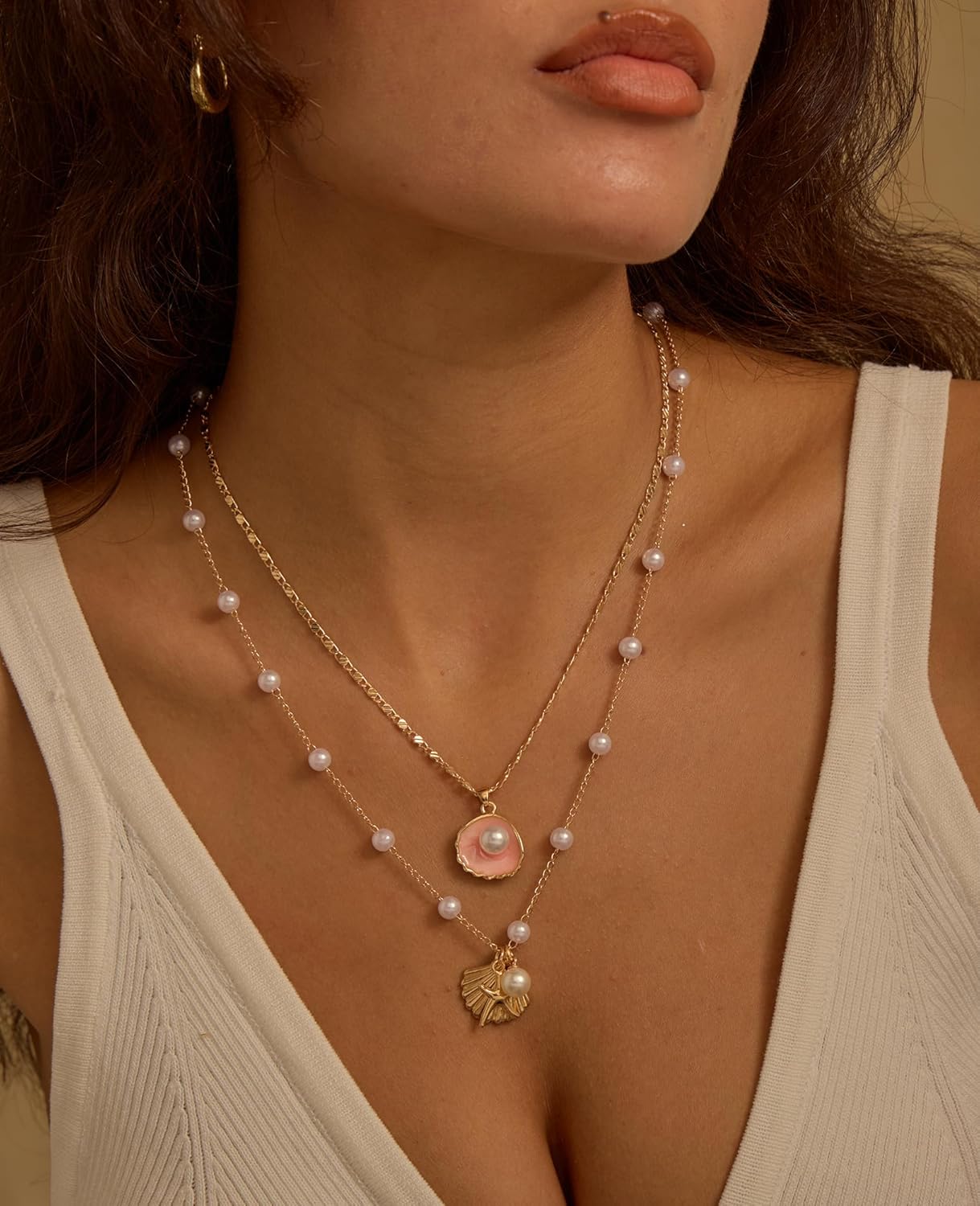 Layered Gold Shell Necklace With Conch & Starfish Pendant - Boho Non-Tarnish Summer Beach Vacation Jewelry Gift For Women