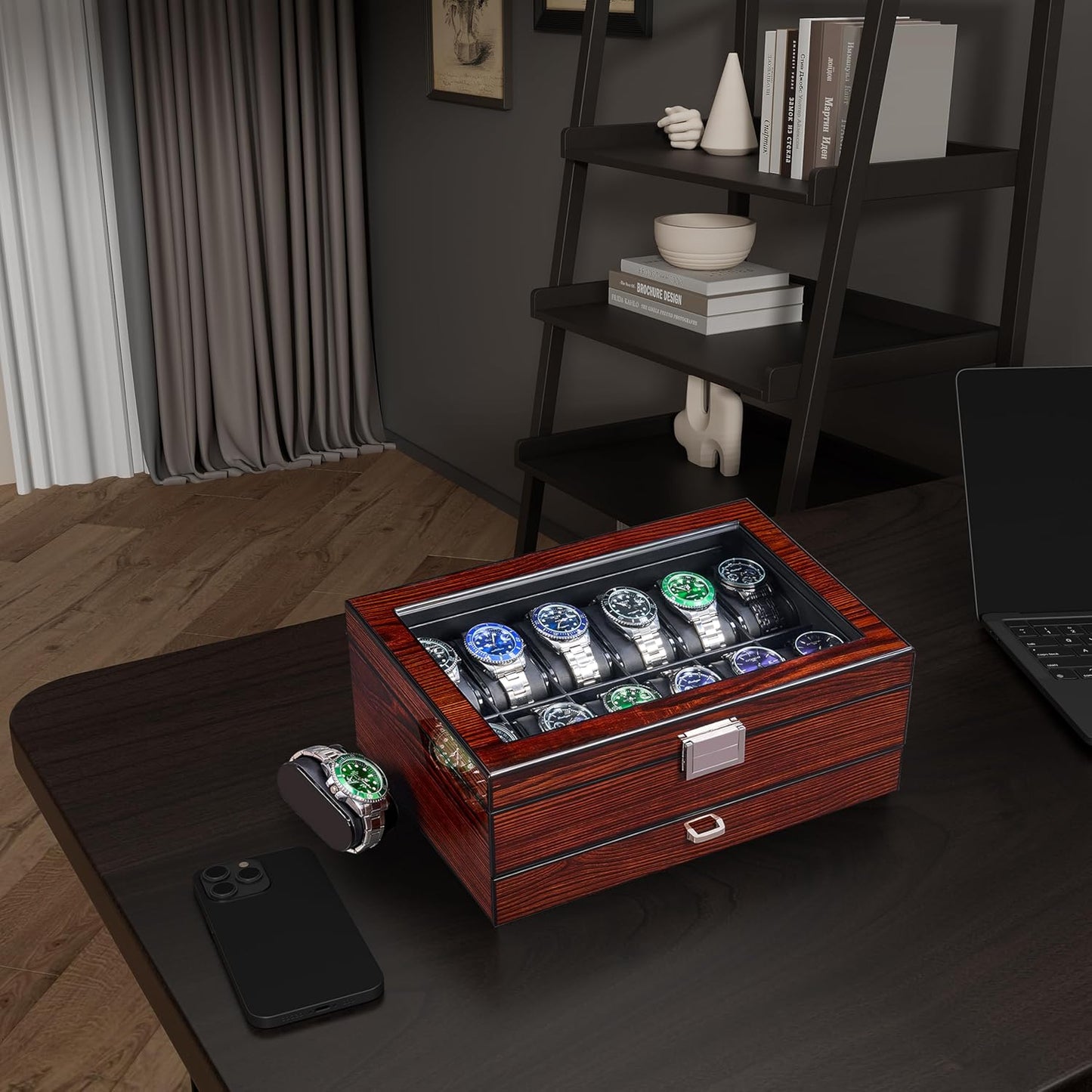 12 Slot Wooden Watch Box with Large Glass Lid, 2-Layer Watch Display Case with Drawer Watch Storage