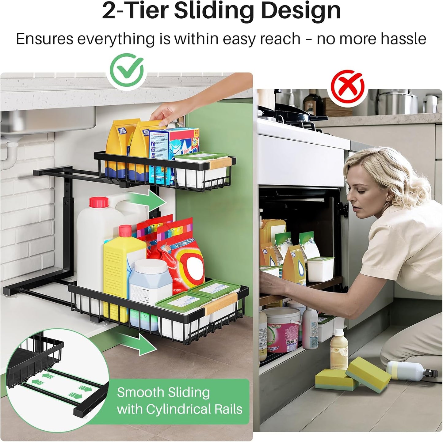 Under Sink Organizer, 2 Packs 2 Tier Under Sink Organizers , Slide out Pull out Cabinet Organizer Shelf