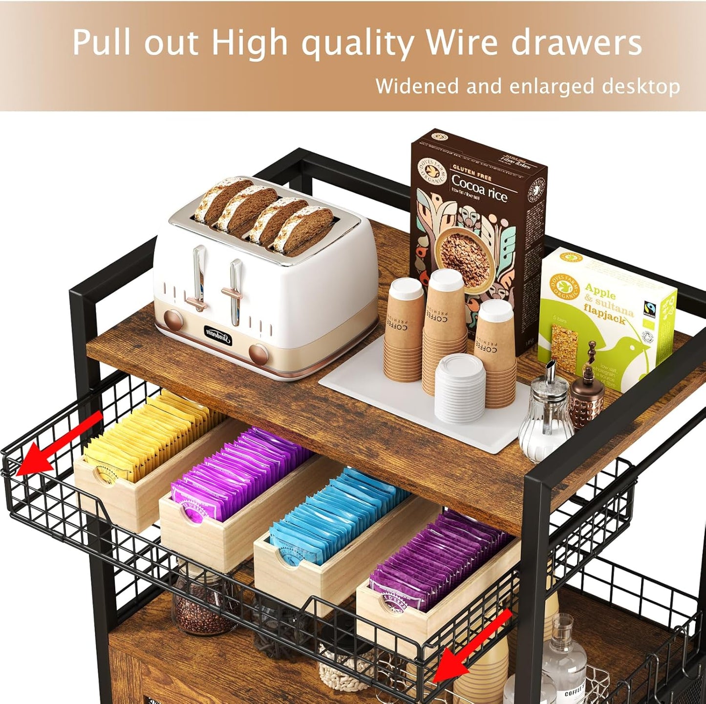 3 Tier Coffee Station Table on Wheels, 35.9" H Bar Cart with Wire Basket Drawer & 5 Hooks for Home Kitchen