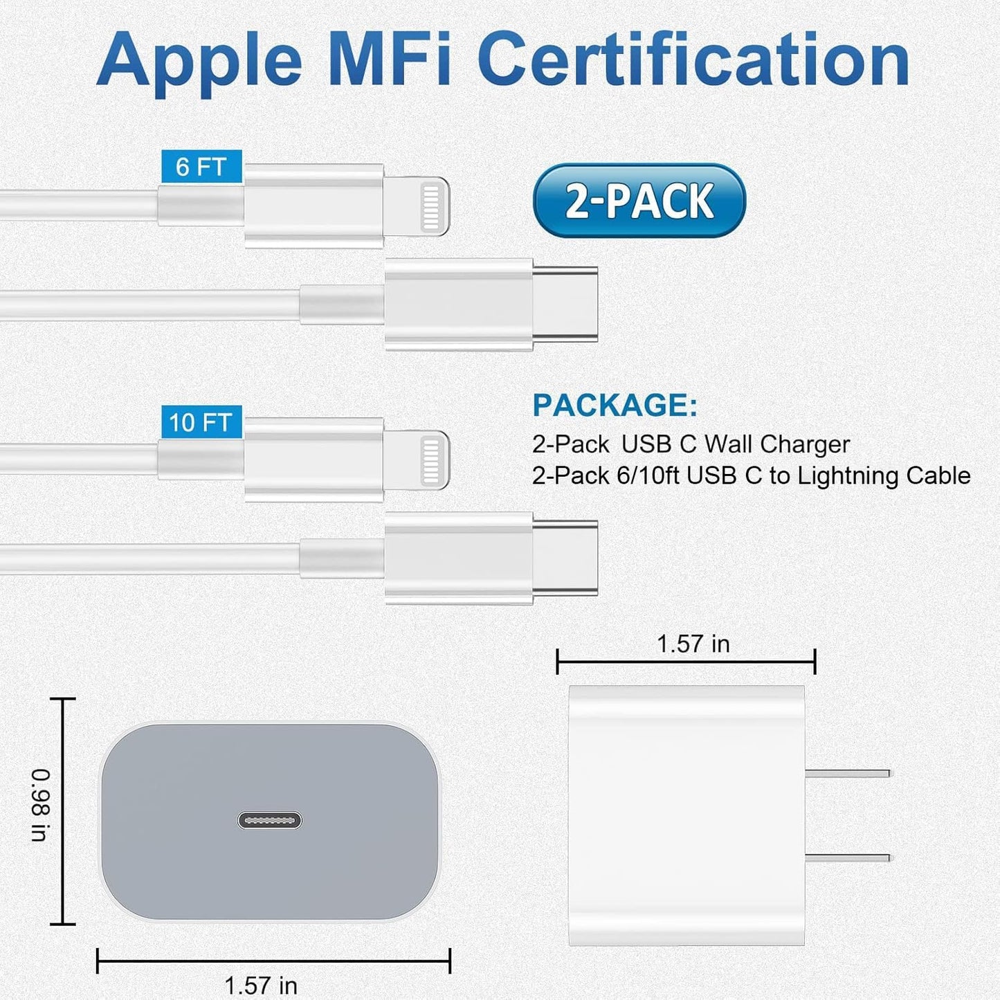 OMOMMD iPhone Charger Fast Charging 2 Pack Type C Wall Charger Block with 2 Pack [6FT&10FT] Long USB C to Lightning Cable for iPhone 14/13/12/12 Pro Max/11/Xs Max/XR/X,AirPods Pro