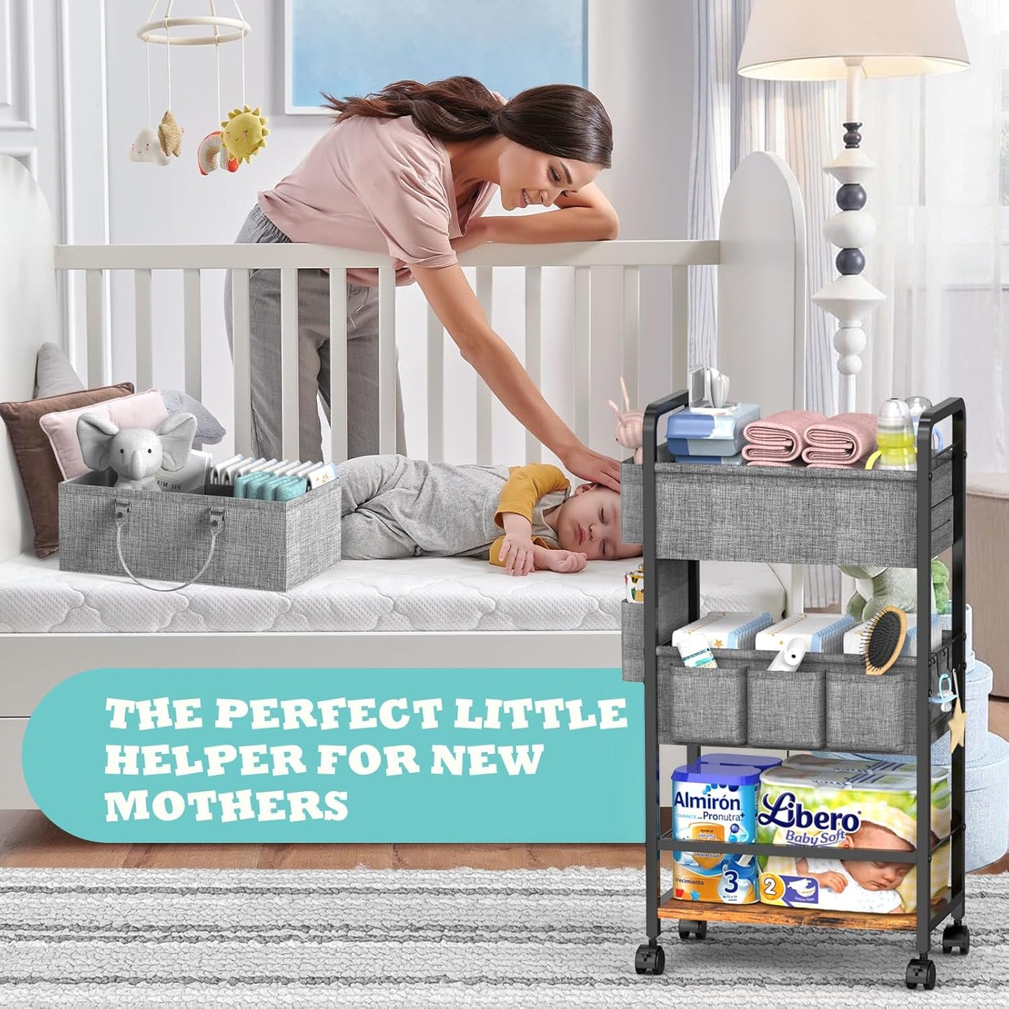 2In1  Diaper Caddy & 4-Tier Rolling Diaper Cart, Diaper Caddy Organizer Cart with Dividers & Drawer