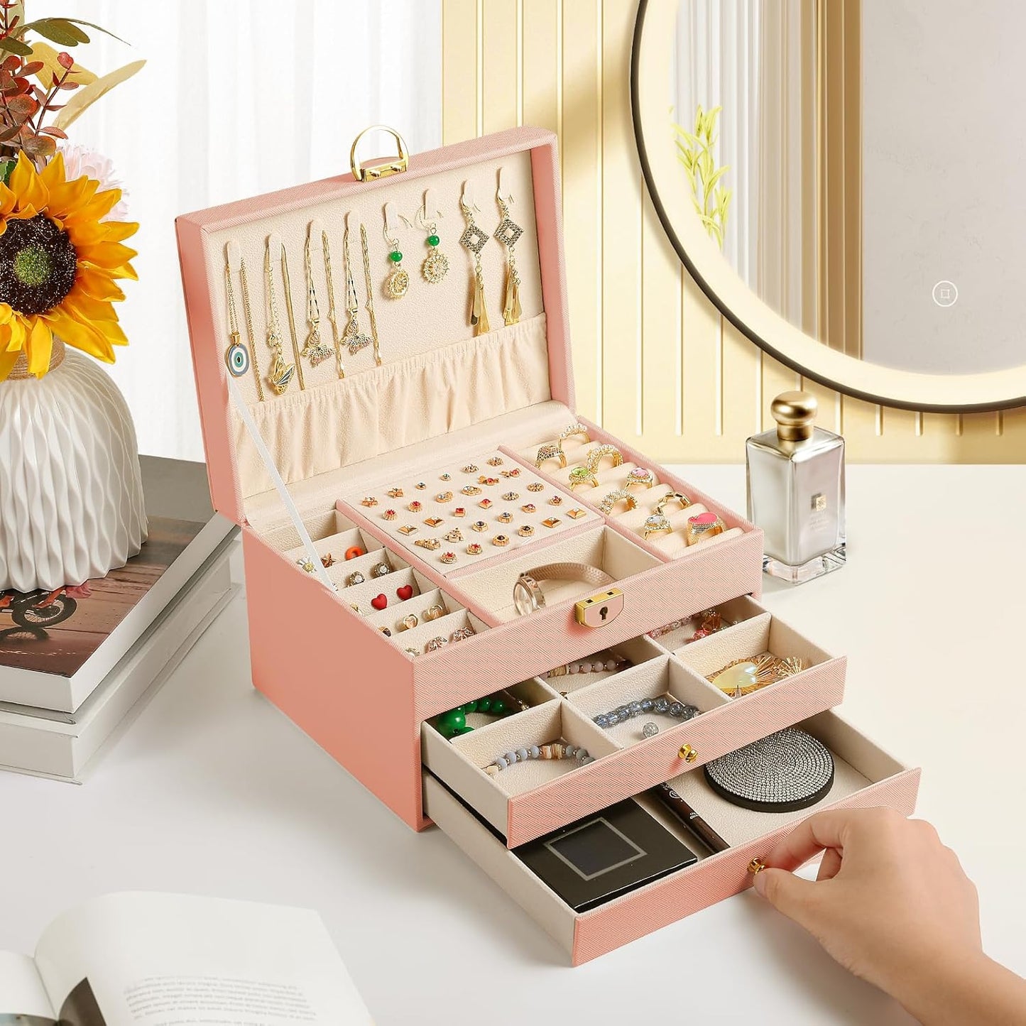 3 Layer Jewelry Box, Lockable Jewelry Holder Organizer with Jewelry Drawer