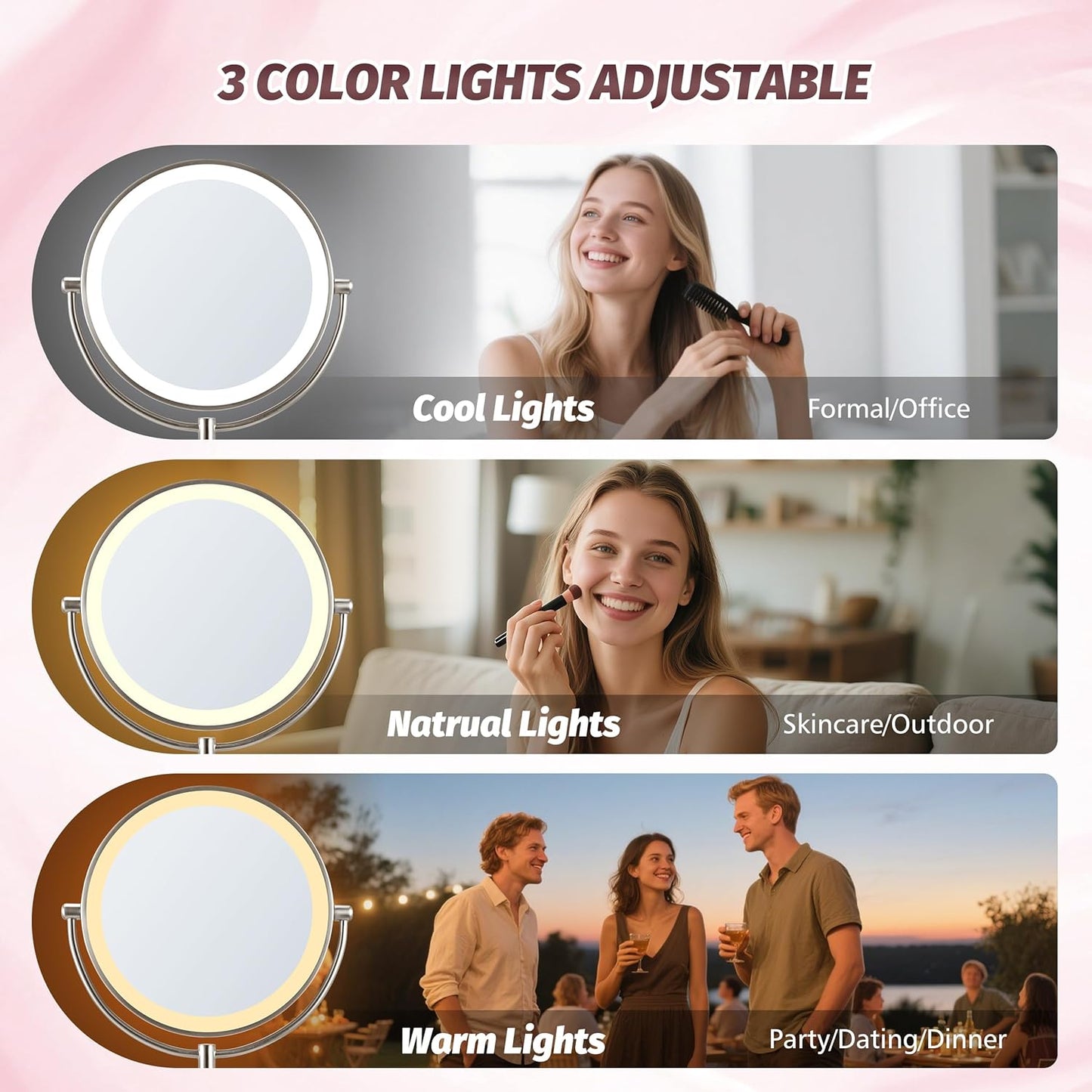 9" Lighted Makeup Mirror, 1X/20X Rechargeable Magnifying Mirror with 3 Color Dimmable Lights