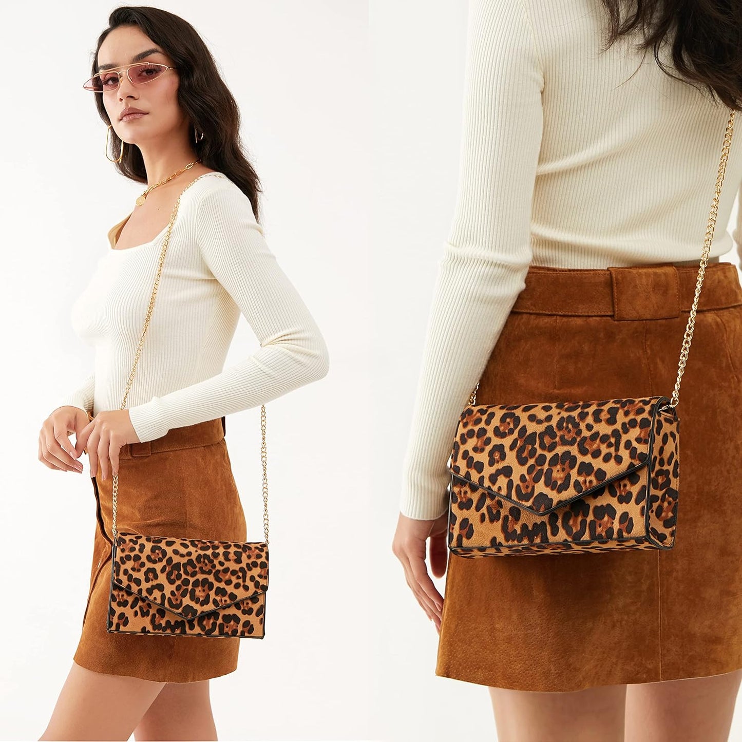 Leopard Print Envelope Evening Clutch Women Chain Shoulder Bag