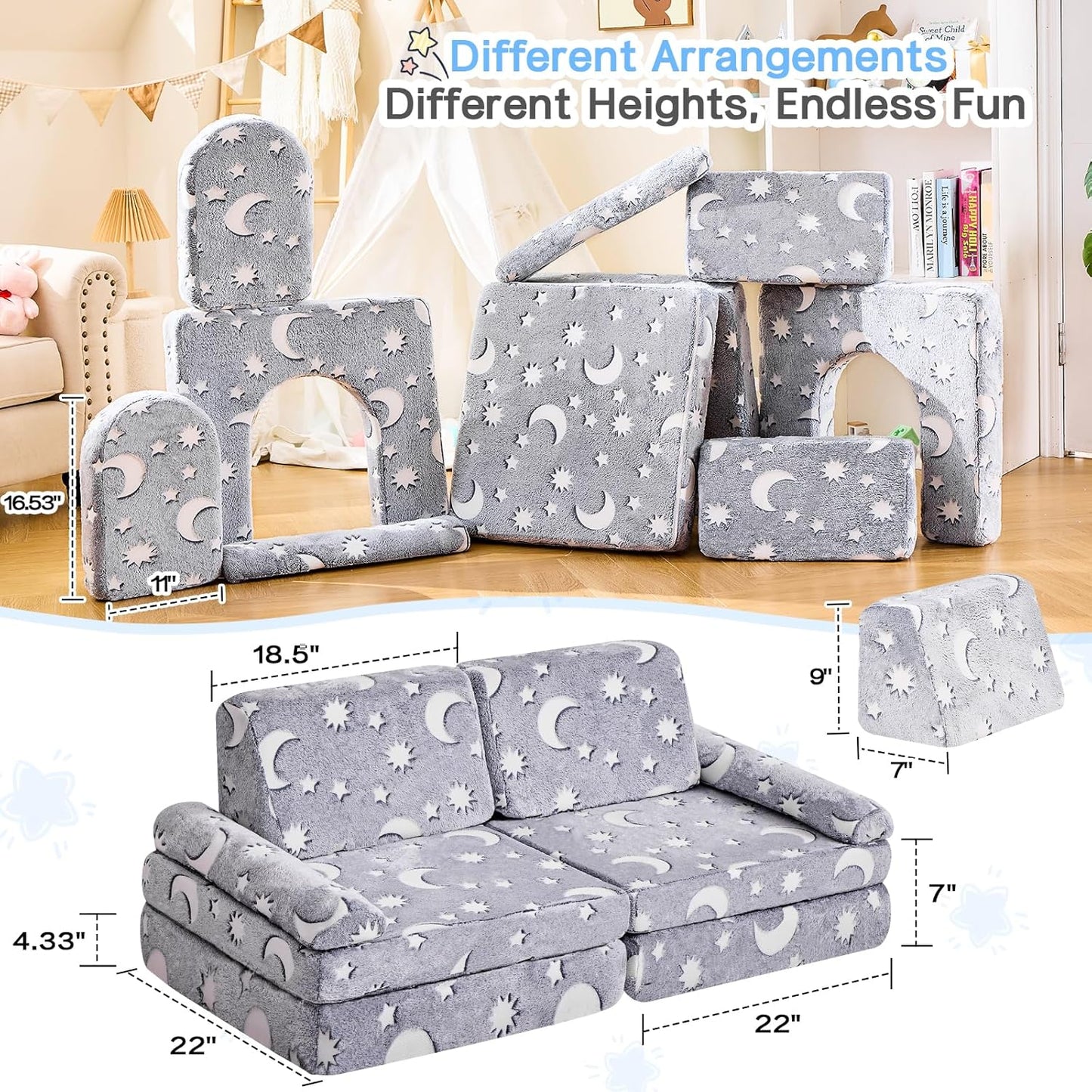 Modular Kids Sectional,Bedroom and Playroom Furniture,Convertible Foam and Floor Cushion ,Glow in The Dark
