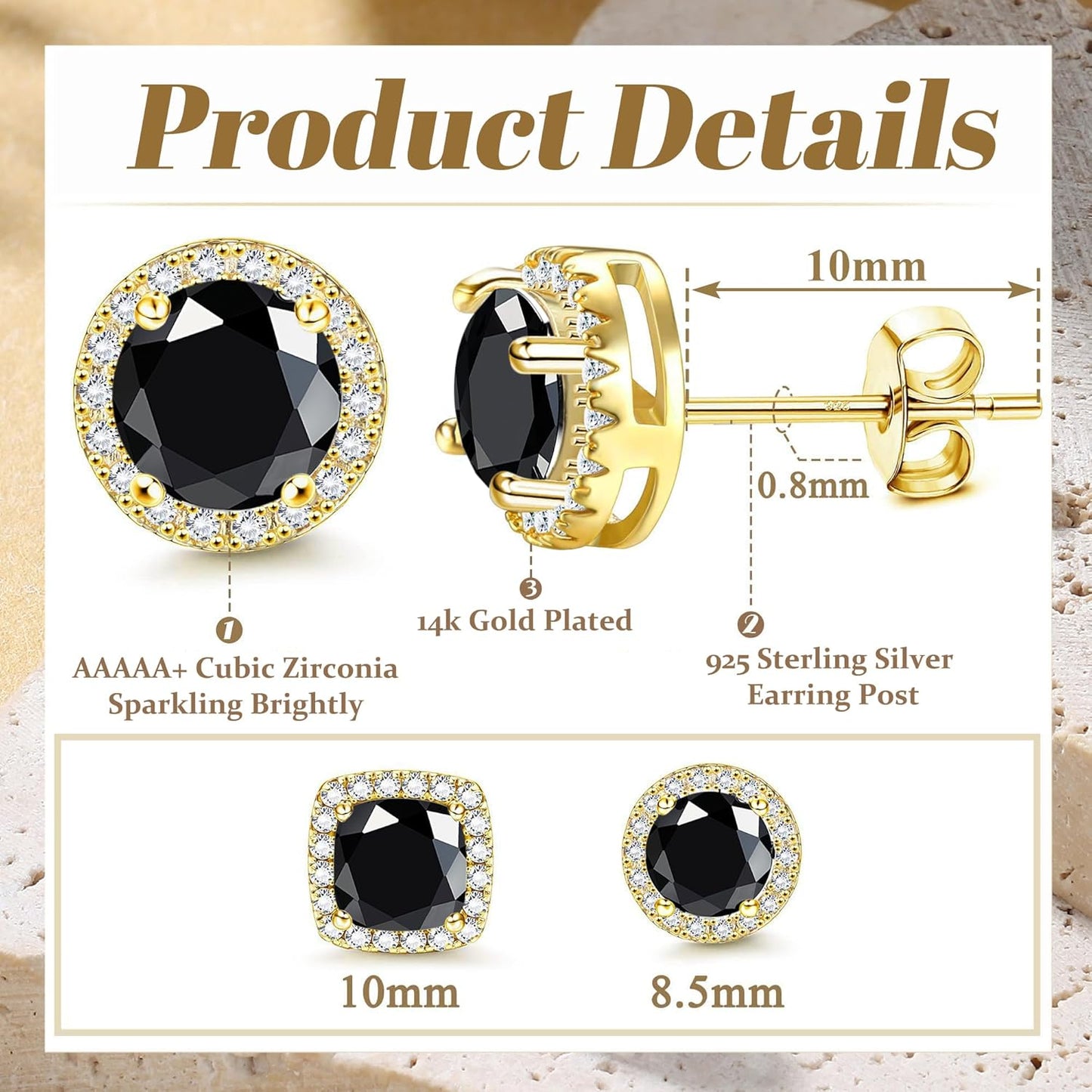 Hayoso 18K Gold Plated Halo Stud Earrings 925 Sterling Silver Cubic Zirconia Stud Earrings Round Square Diamonique Stud