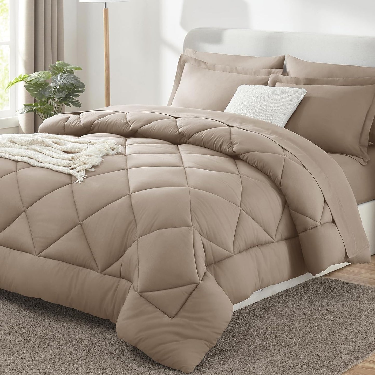 Queen Comforter Set Dark Grey - Bed in a Bag Queen Size 7 count, Luxury Soft Bed Set , Bedding Set with