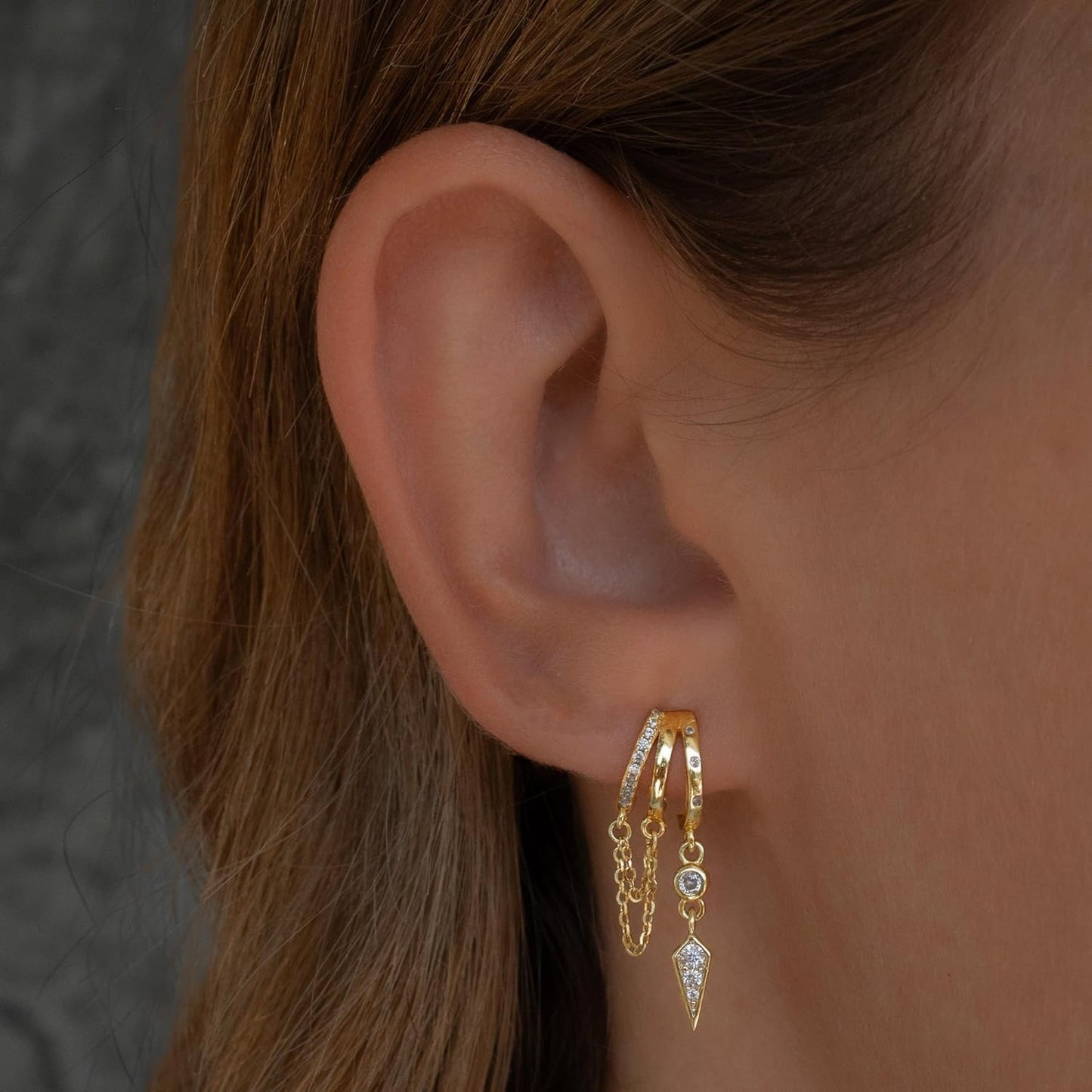 Dangle Earrings for Women,14k Gold Plated Triple Huggie Stud Earrings Cute Statement Chain Earring Dainty Drop