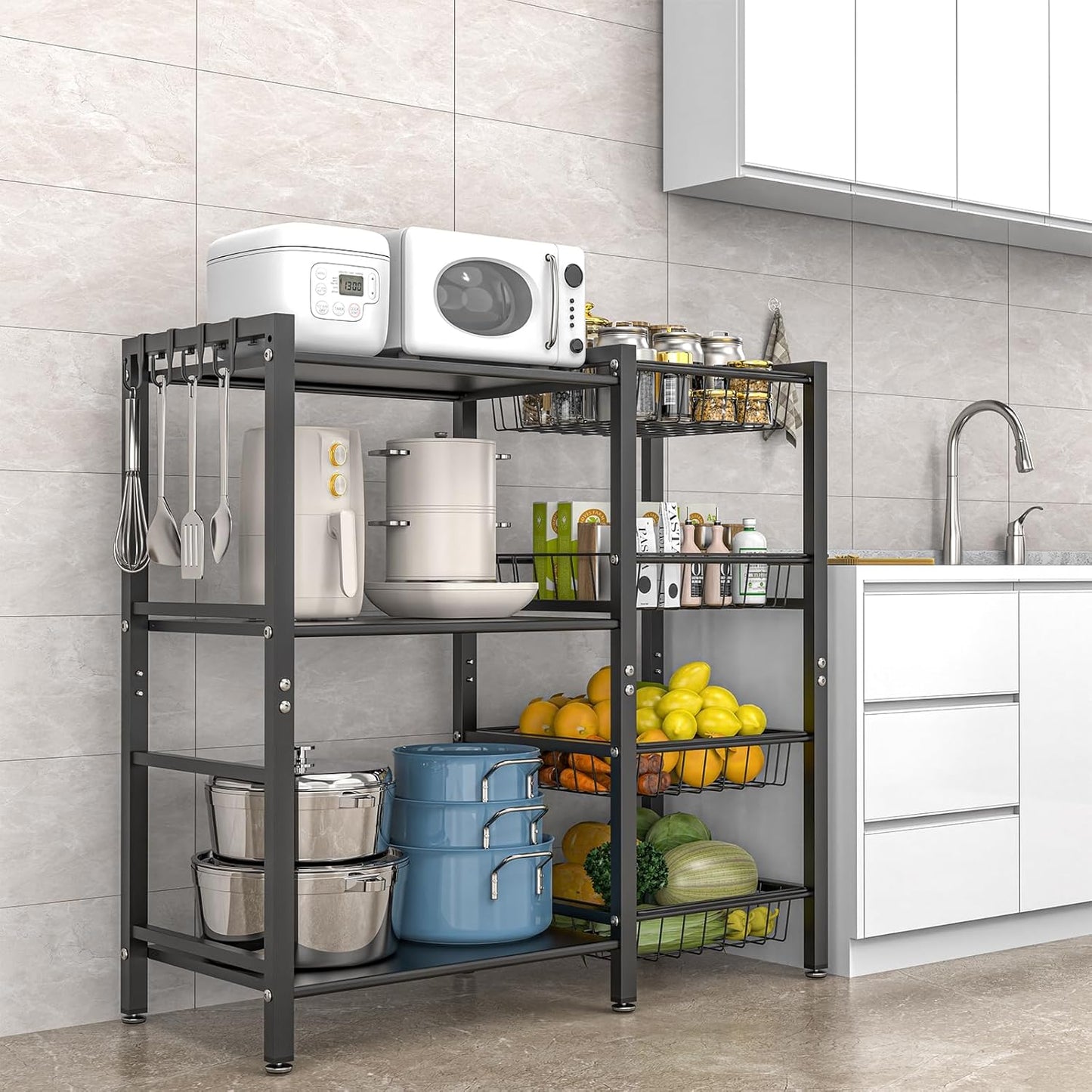 Storage Rack Kitchen Baker's Rack - 3 Tiers 4 Baskets, with Steel Mesh Baskets