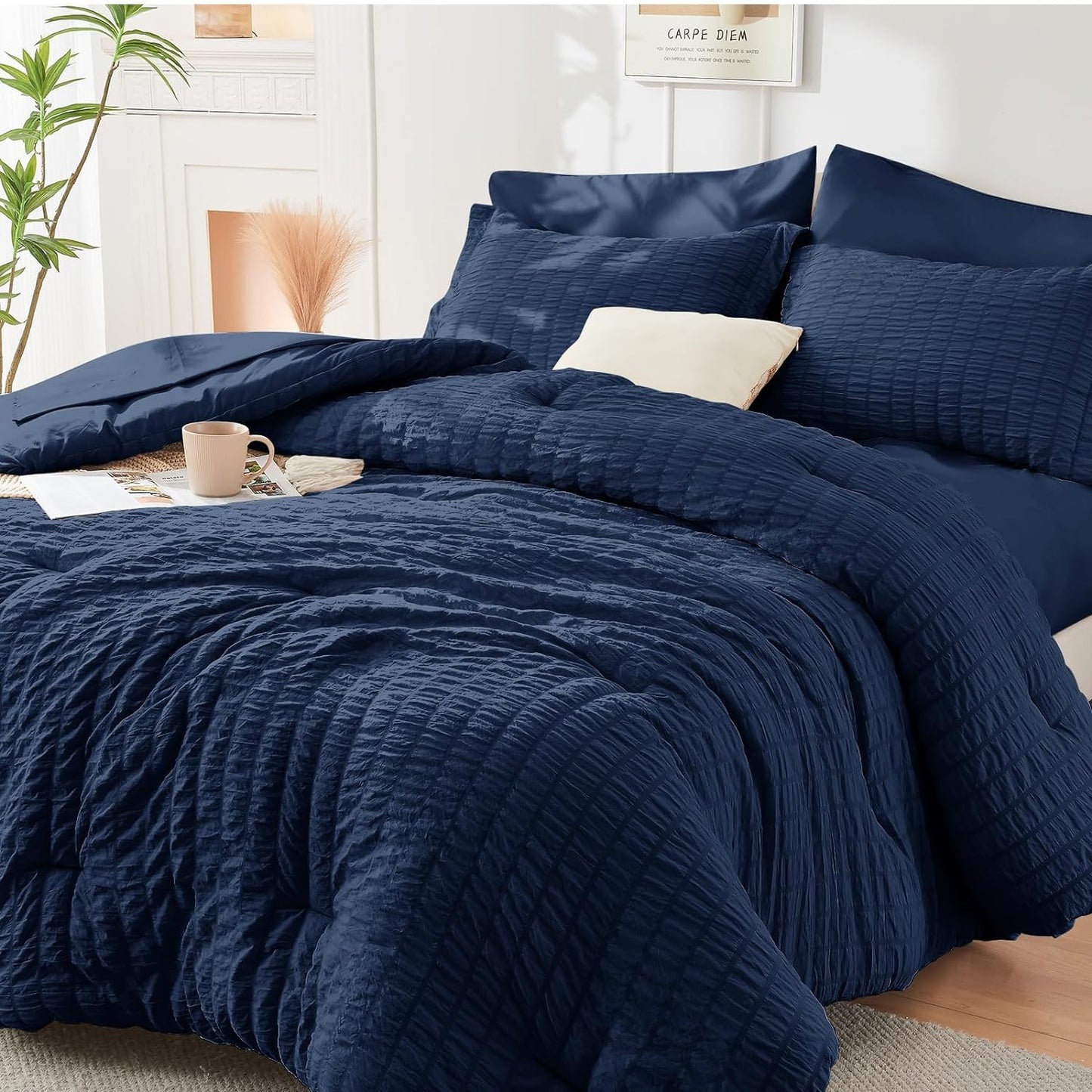 Queen Comforter Set Seersucker 7 count, All Season Luxury Bed in a Bag for Bedroom