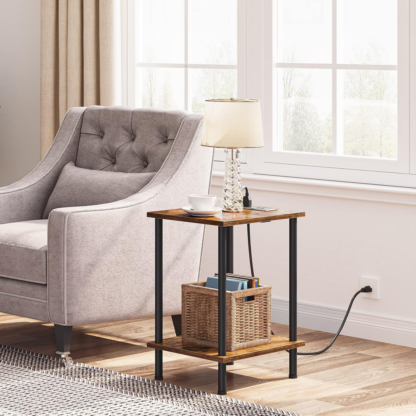 Set of 2 End Tables with USB Port and Outlets, Nightstand with 2-Layer Storage Shelves