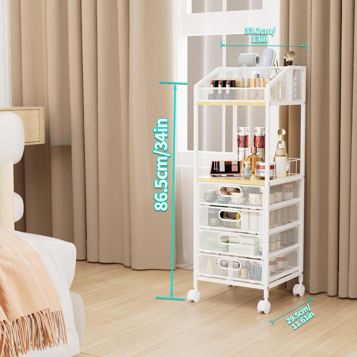 Makeup Organizer Storage Cart - Floor Skincare Make Up Storage with 4 Drawers, Rolling Makeup