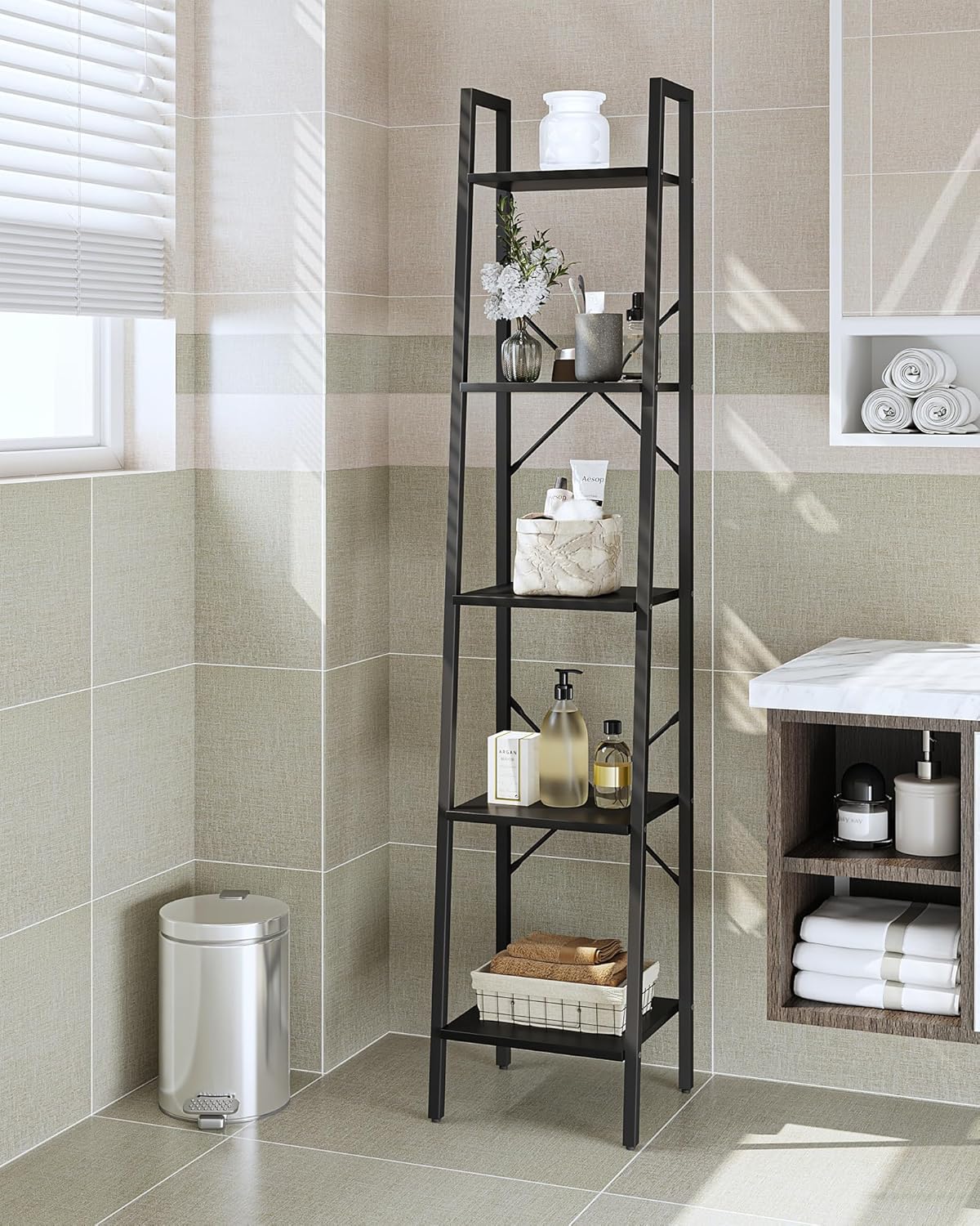 Ladder Shelf, Bookshelf Bookcase, Freestanding Corner Storage Shelve with 2 Hooks