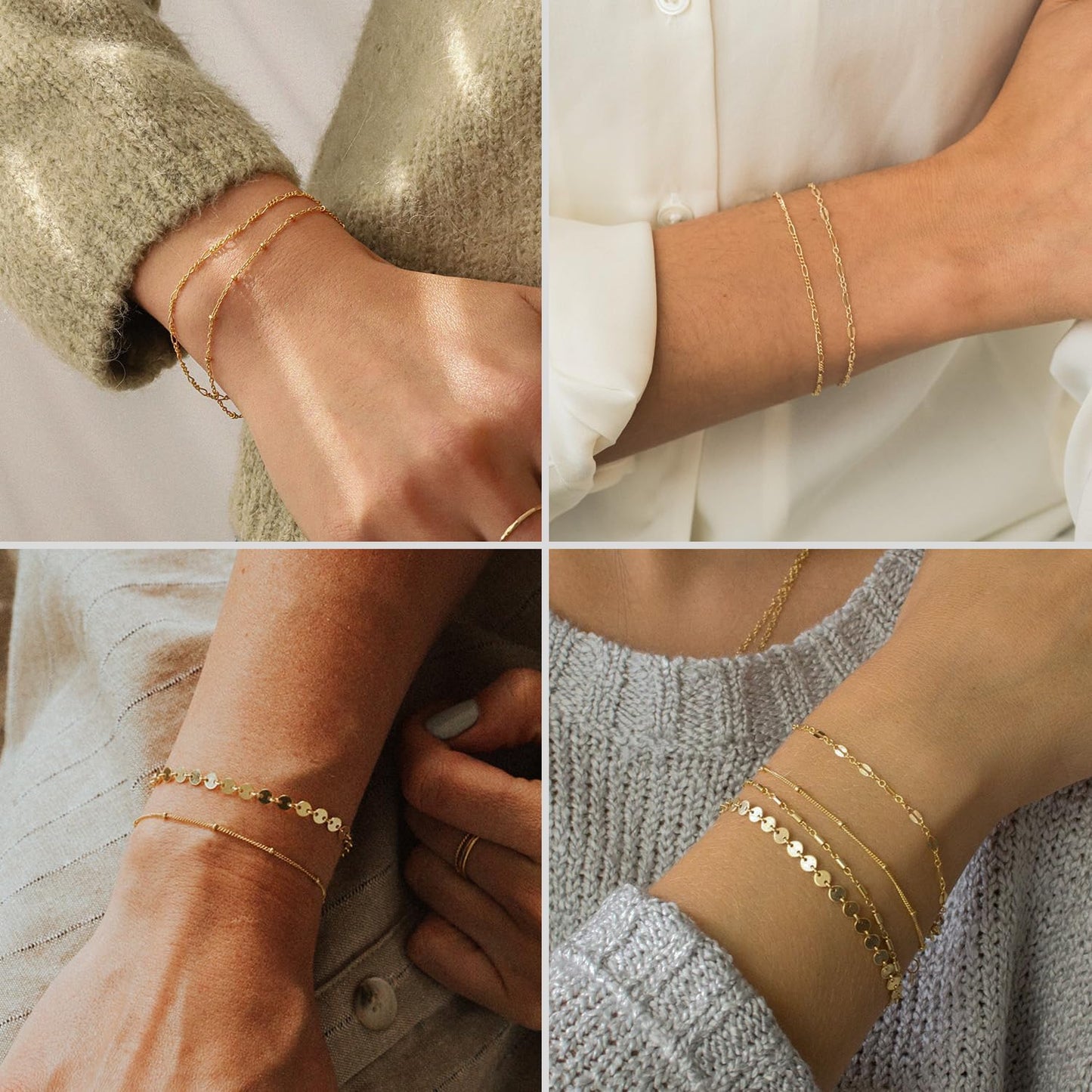 Gold Bracelets - Real 14K Women's Cute Tennis Cubic Beaded Link Paperclip Dainty Bracelet Pack