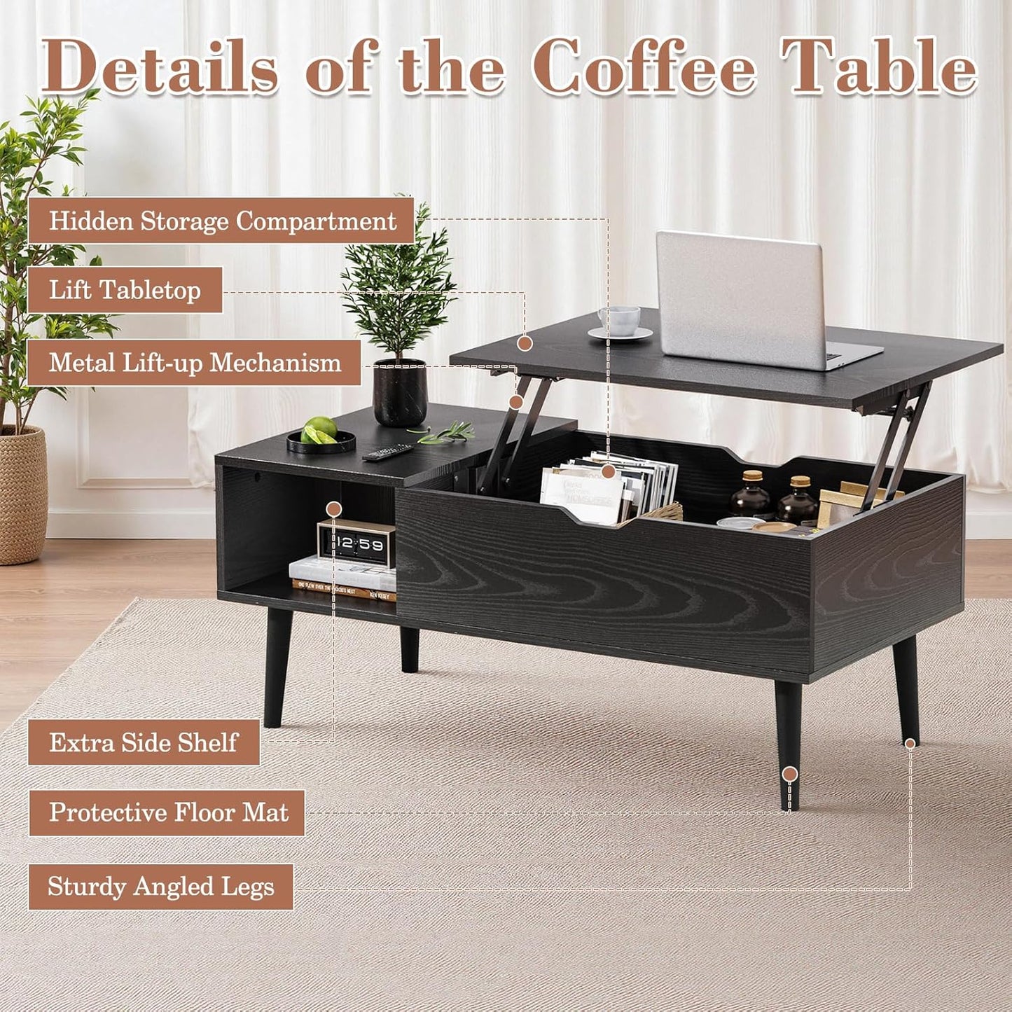 Coffee Table -Wood Lift Top with Hidden Compartment and Large Storage Shelf, Lift Tabletop Dining Center Table