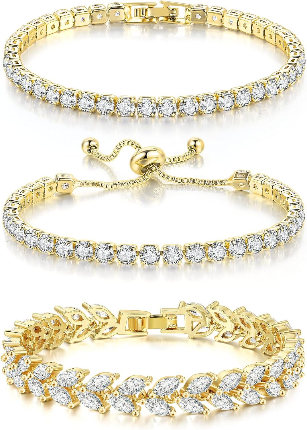 3 Pcs Tennis Bracelet Set 14K Gold Plated Marquise Cubic Zirconia CZ Diamond Dainty Adjustable Silver Bracelets for