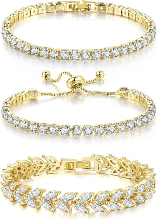 3 Pcs Tennis Bracelet Set 14K Gold Plated Marquise Cubic Zirconia CZ Diamond Dainty Adjustable Silver Bracelets for