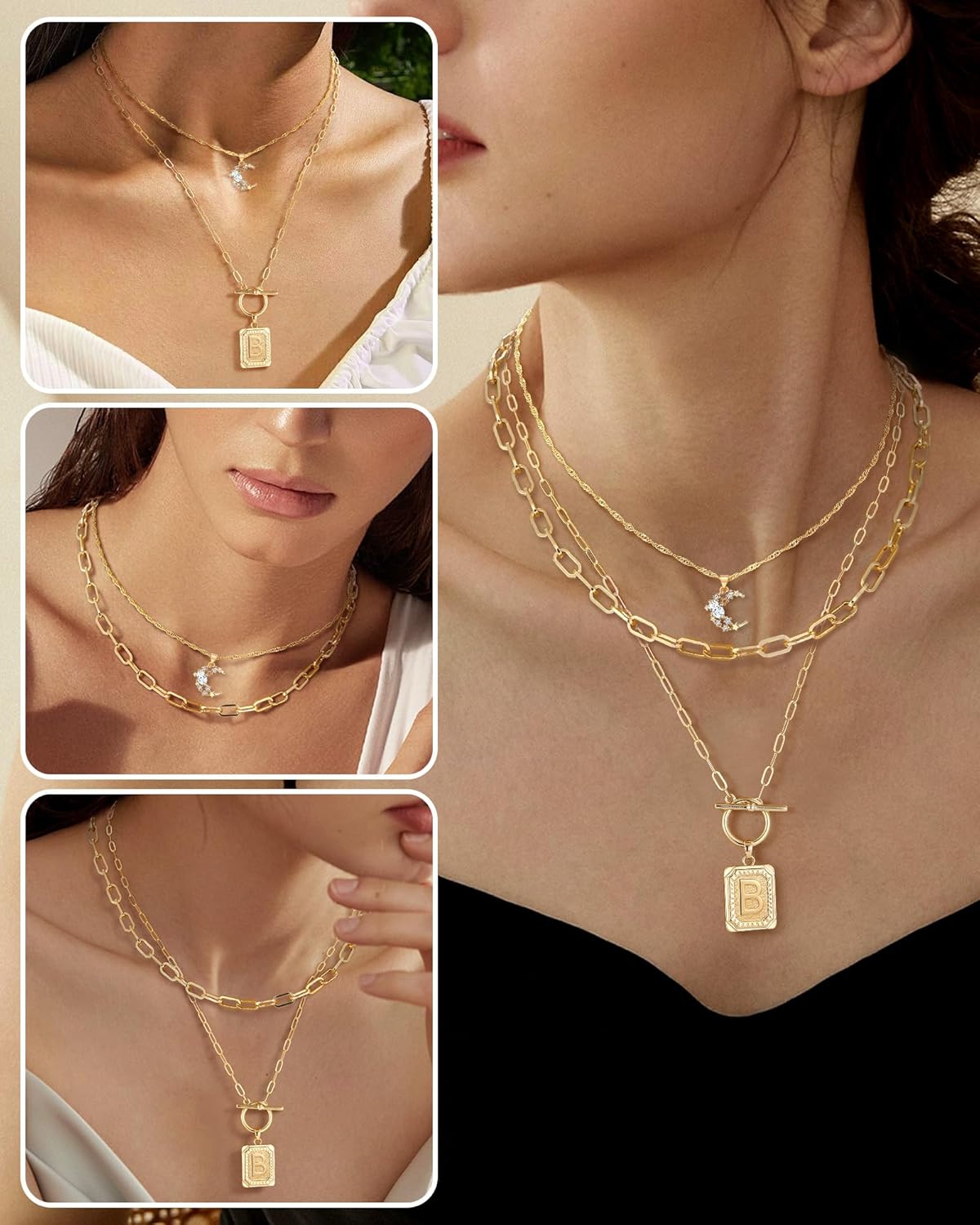 Custom Initial Moon Necklace Set - 14K Gold Plated Layered Letter Choker Gift for Her