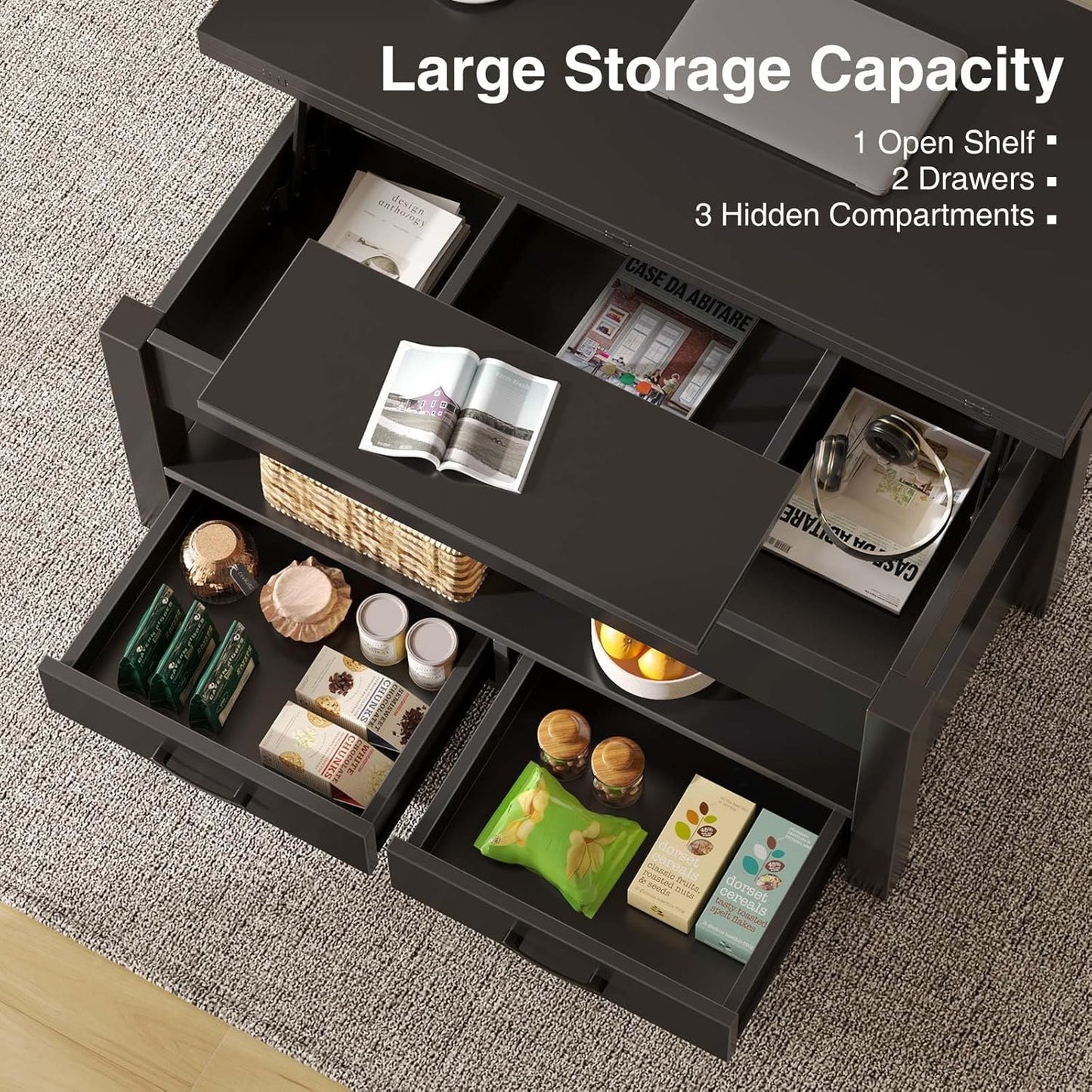 Coffee Table Lift Top, Multi-Function Convertible  with Drawers and Hidden Compartment, Converts to Dining Table
