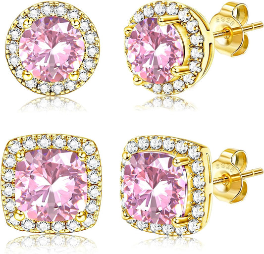 Hayoso 18K Gold Plated Halo Stud Earrings 925 Sterling Silver Cubic Zirconia Stud Earrings Round Square Diamonique Stud