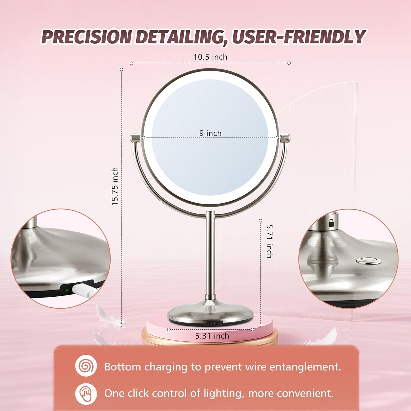 9" Lighted Makeup Mirror, 1X/20X Rechargeable Magnifying Mirror with 3 Color Dimmable Lights