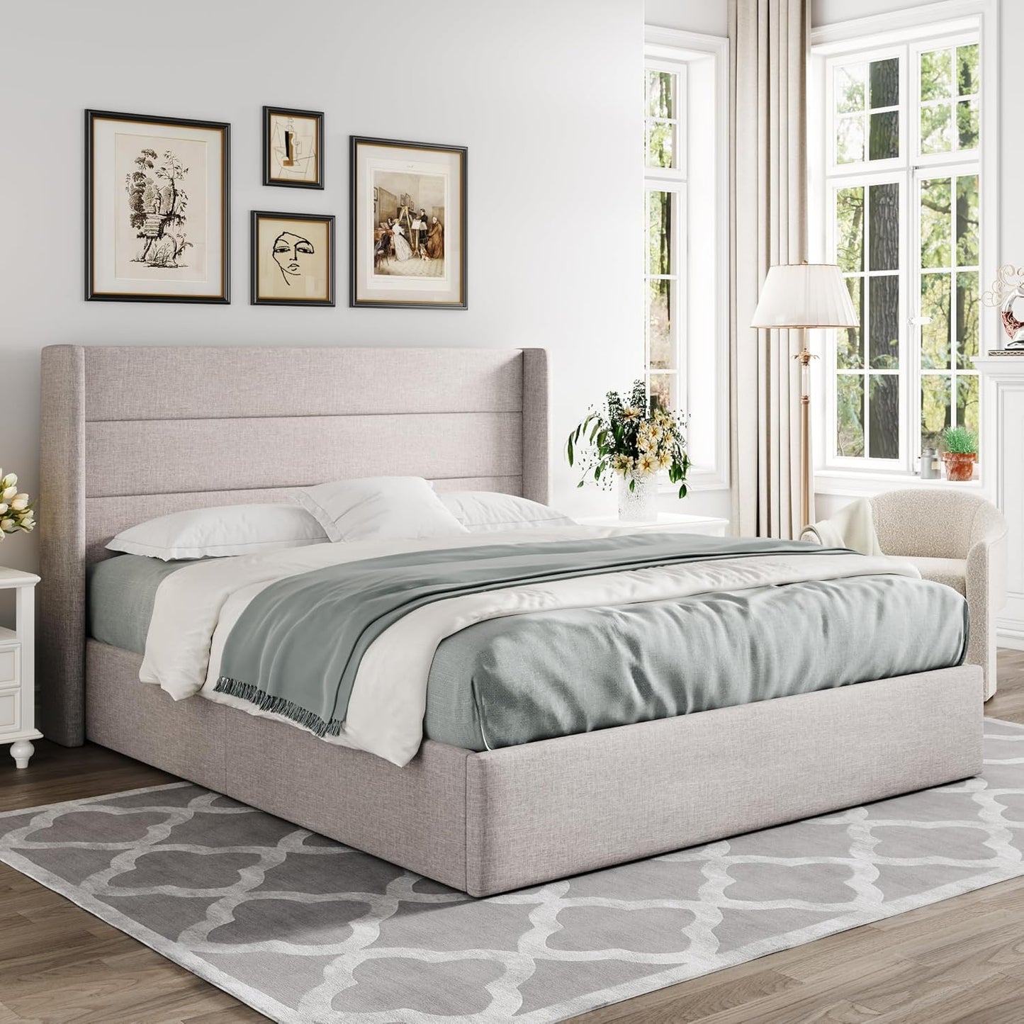 Queen Size Lift Up Storage Bed, Modern Wingback Headboard, Hydraulic Support, No Box Spring Needed