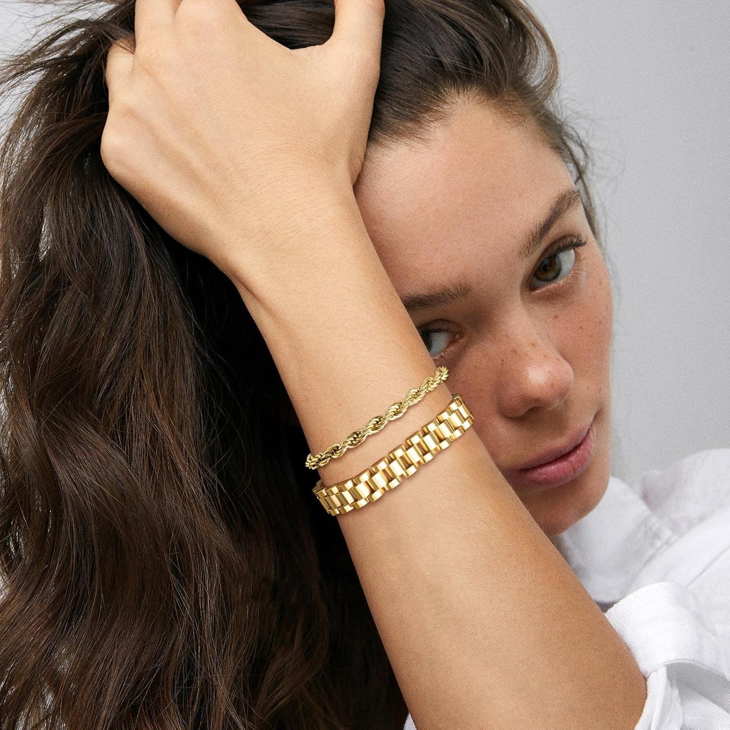 2pcs Gold Chain Link Bracelet, Stainless Steel Crystal Friendship Bracelets Bangle,Watch Band Chains Wristband