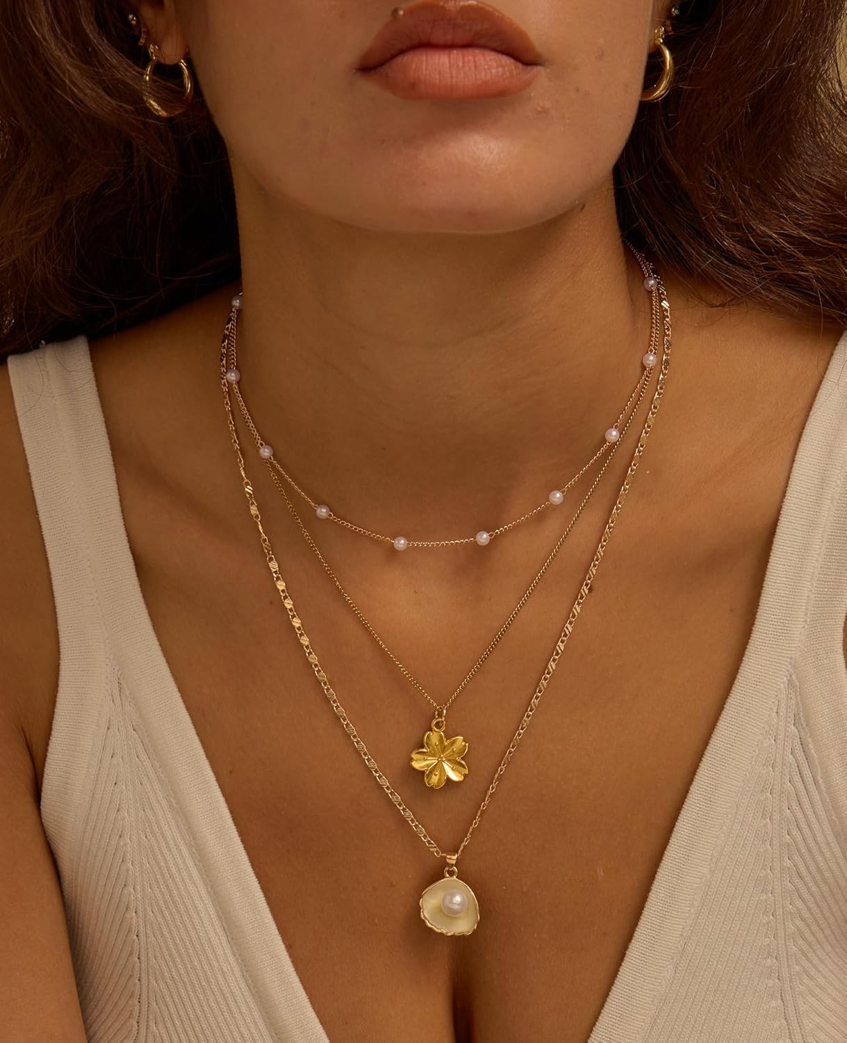 "14K Gold Plated Shell Necklace, Layered Conch & Starfish Pendant, Boho Beach Jewelry for Women, Summer Vacation Necklace, Trendy Coastal Charm"