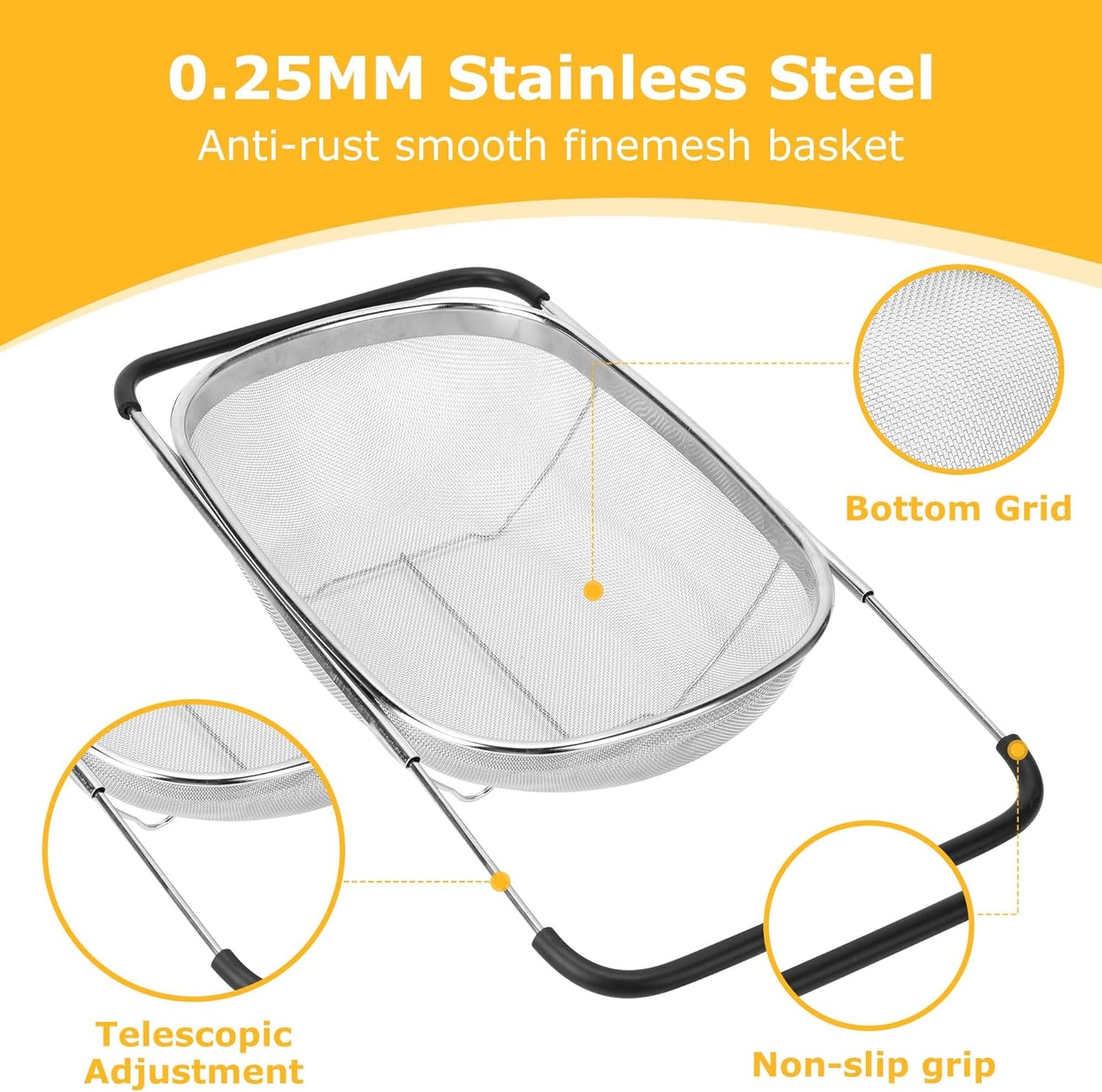 Kitchen Accessories Over the Sink Colander Strainer Basket，Stainless Steel Colander with Expandable Rubber Grip Sink Drainer