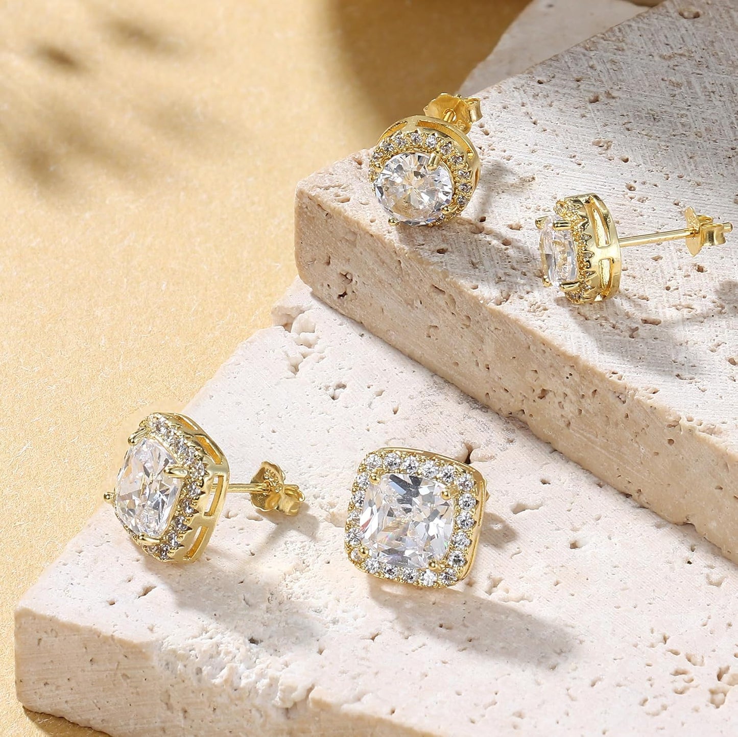 Hayoso 18K Gold Plated Halo Stud Earrings 925 Sterling Silver Cubic Zirconia Stud Earrings Round Square Diamonique Stud