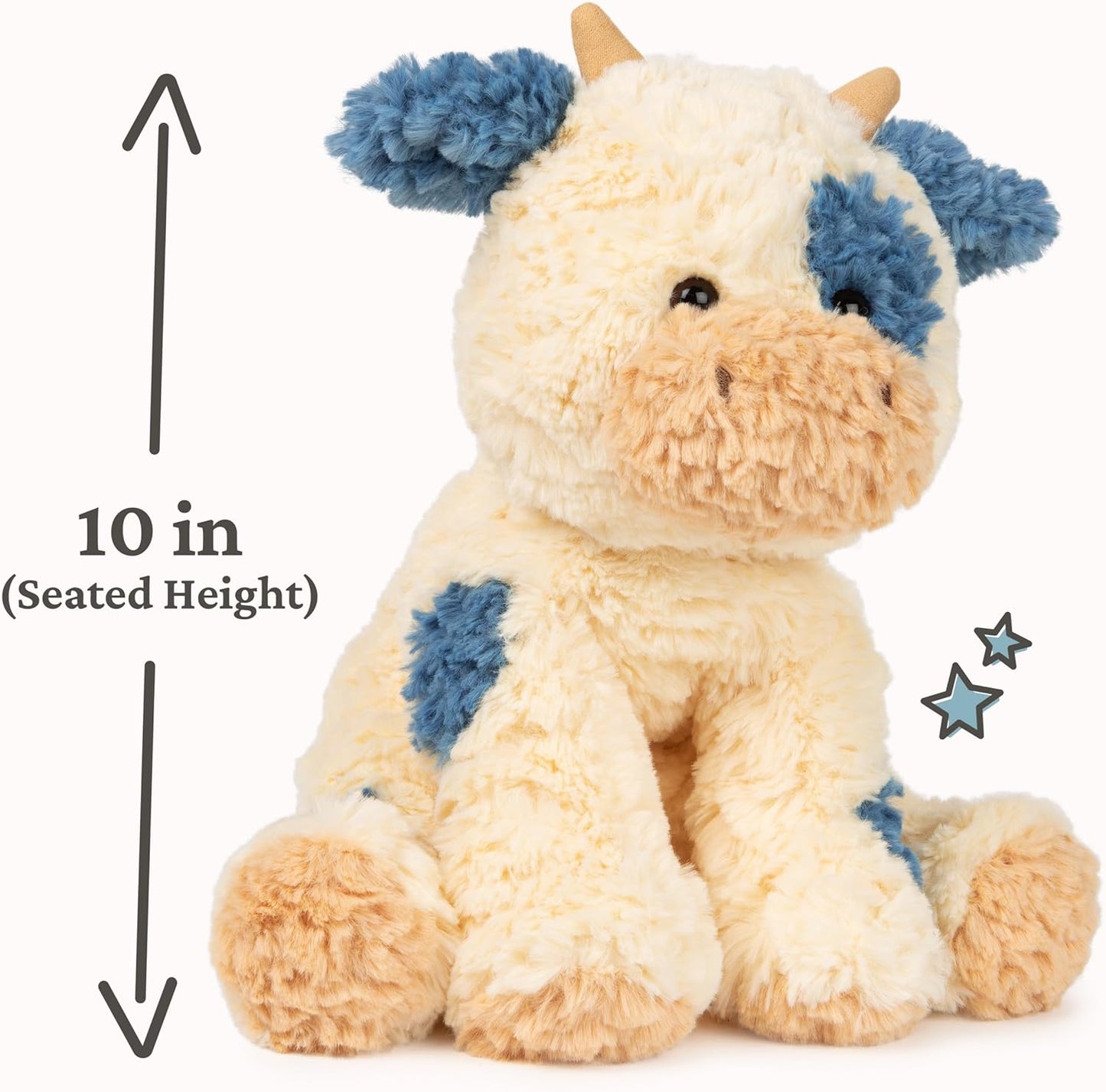 OMOMMD Cozys Collection Cow, Stuffed Animal for Ages 1 and Up, Spring Decor Plush Toy, Cream/Blue, 10”