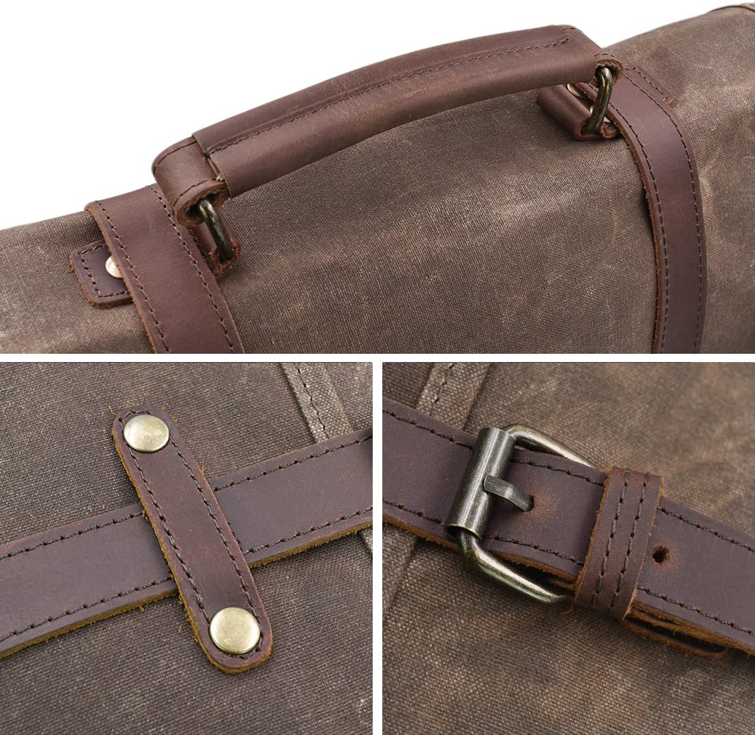 15.6 Inch Mens Messenger Bag Waterproof Vintage Genuine Leather Waxed Canvas Briefcase Large Leather Computer