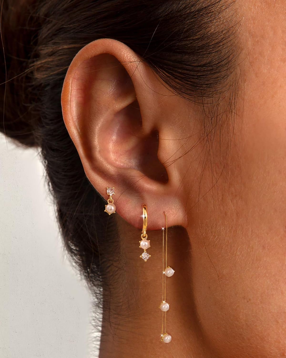 Pearl Dangle Hoop Earrings for Women - Dainty14K Gold Plated Small Drop Chain Hoops Trendy Earring Sets for