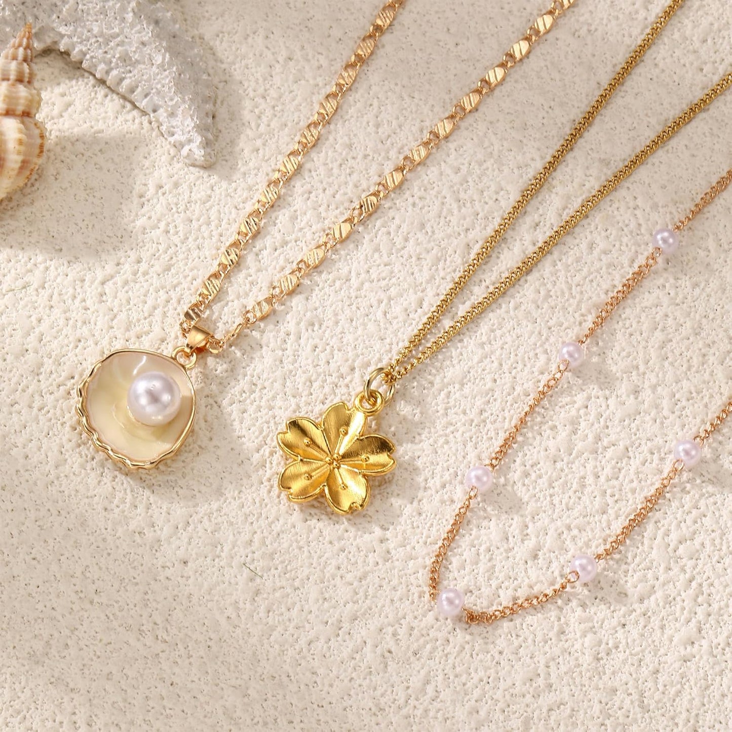 "14K Gold Plated Shell Necklace, Layered Conch & Starfish Pendant, Boho Beach Jewelry for Women, Summer Vacation Necklace, Trendy Coastal Charm"