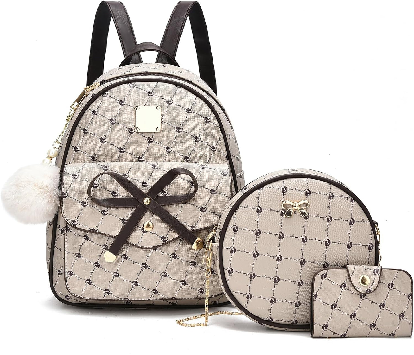 3-Pieces Girls Bowknot Fahsion Leather Backpack Backpack Purse for Women Rucksack