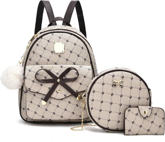 3-Pieces Girls Bowknot Fahsion Leather Backpack Backpack Purse for Women Rucksack