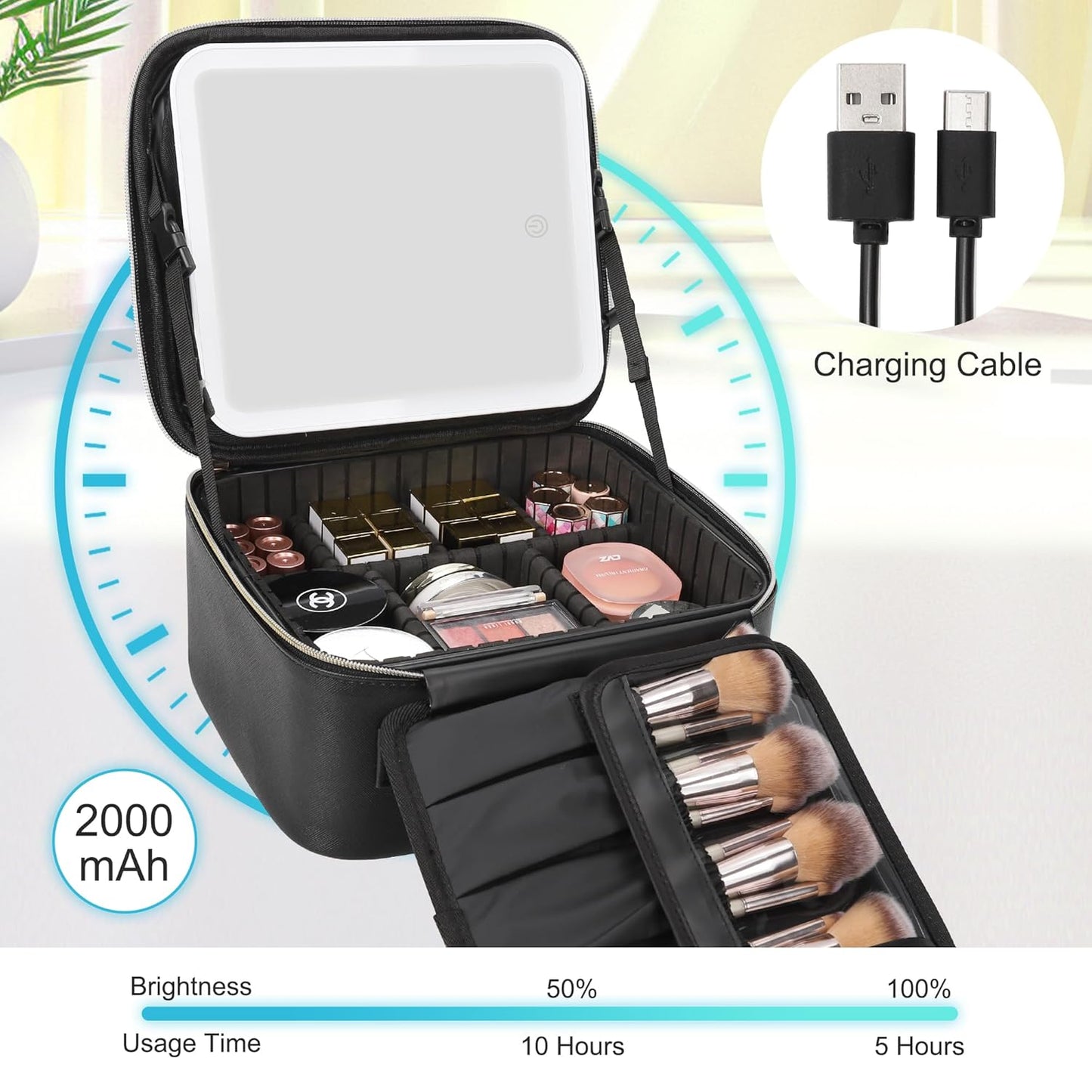 Travel Makeup Bag With LED Mirror, Portable Makeup Artist Organizer Bag with Adjustable Dividers
