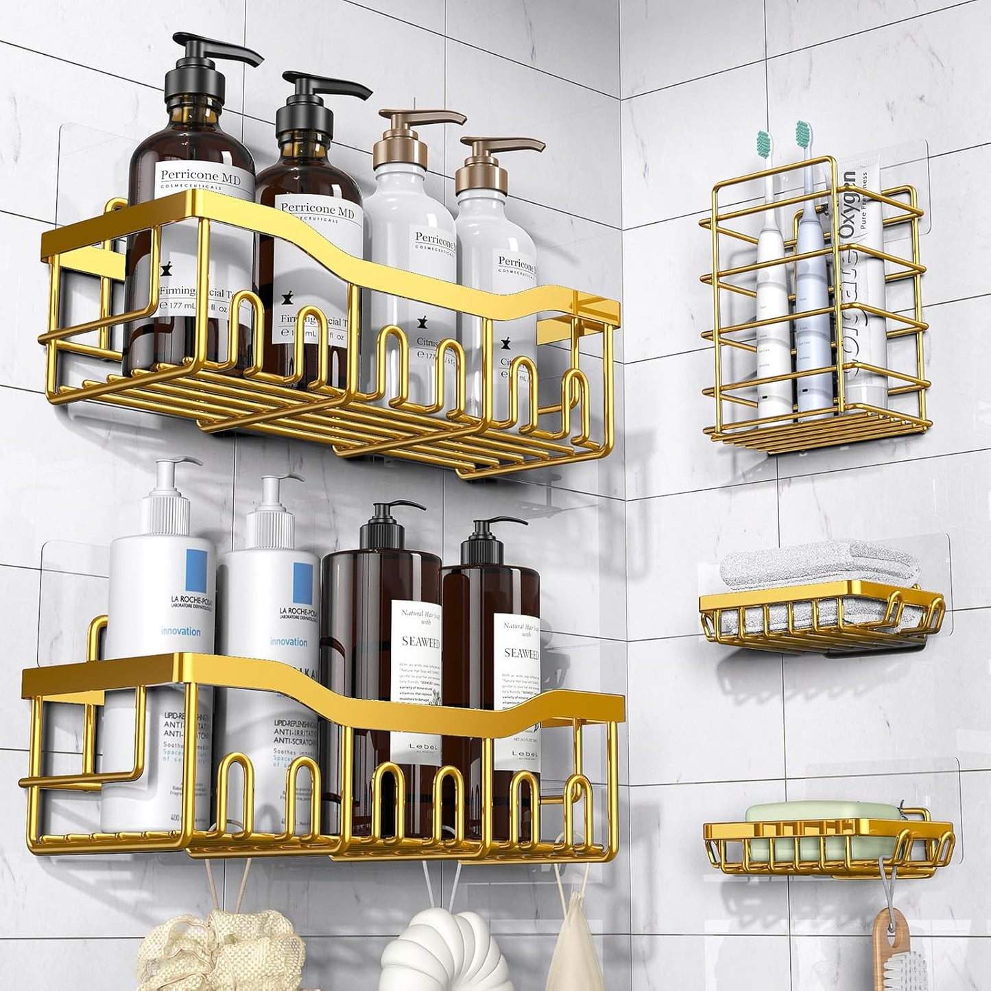 Adhesive Shower Caddy, 5 Pack Rustproof Stainless Steel Bath Organizers , No Drilling Shelves